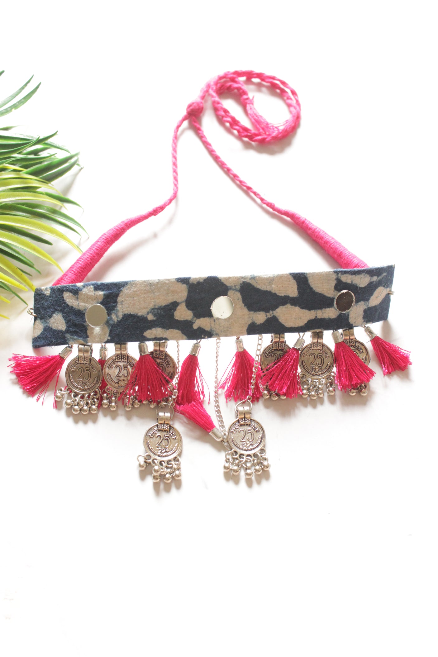 Indigo Fabric Stamped Metal Coins Charms Embellished Fabric Choker Necklace