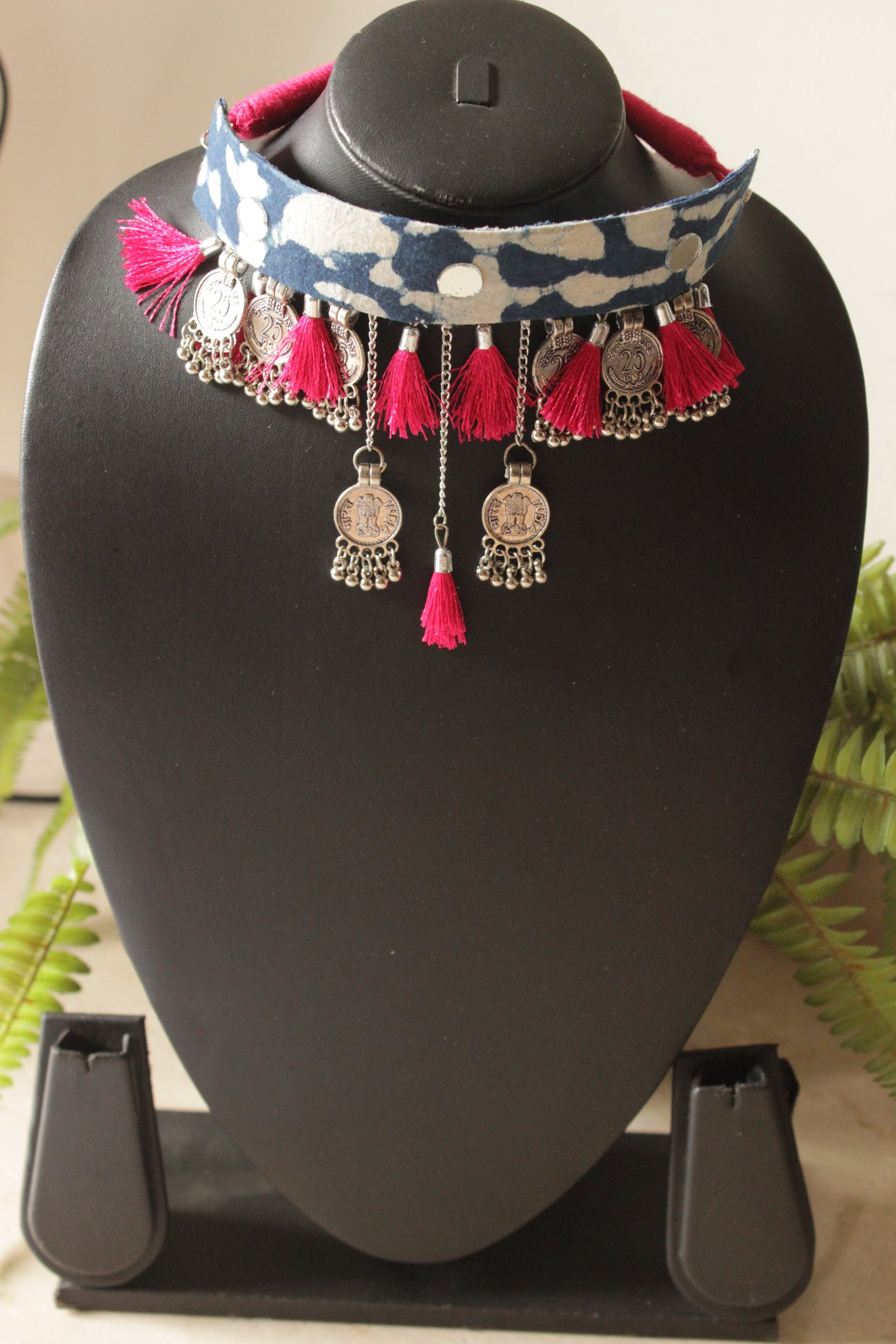 Indigo Fabric Stamped Metal Coins Charms Embellished Fabric Choker Necklace