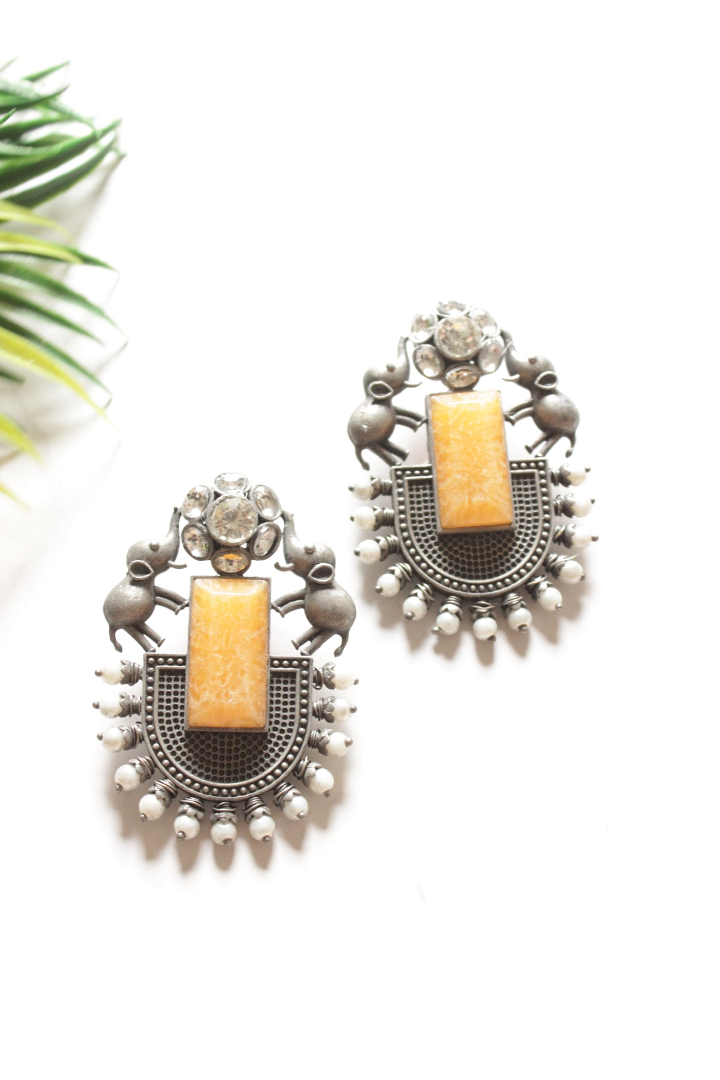 Yellow Center Stone Elephant Motif Oxidised Finish Earrings