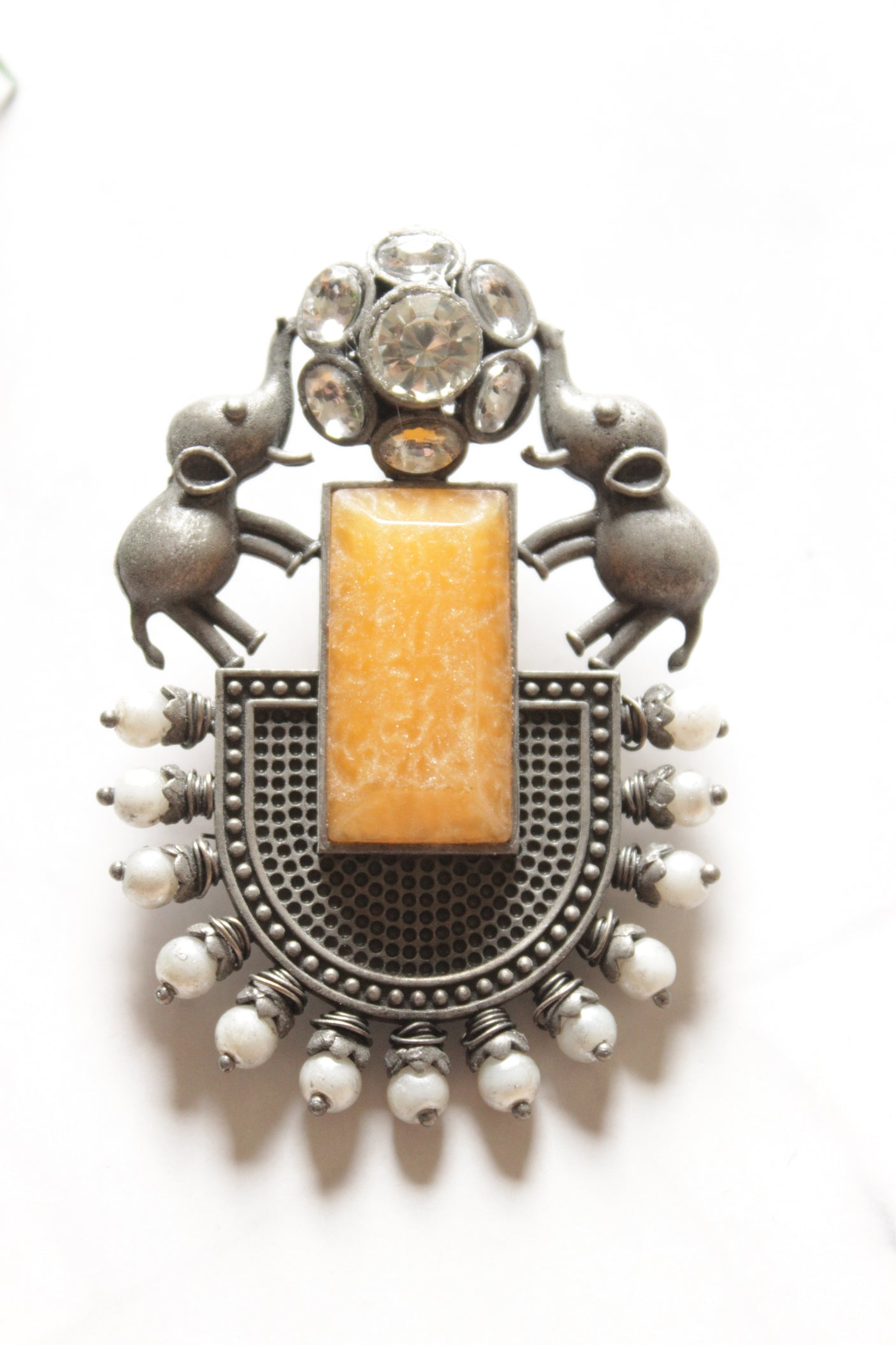 Yellow Center Stone Elephant Motif Oxidised Finish Earrings