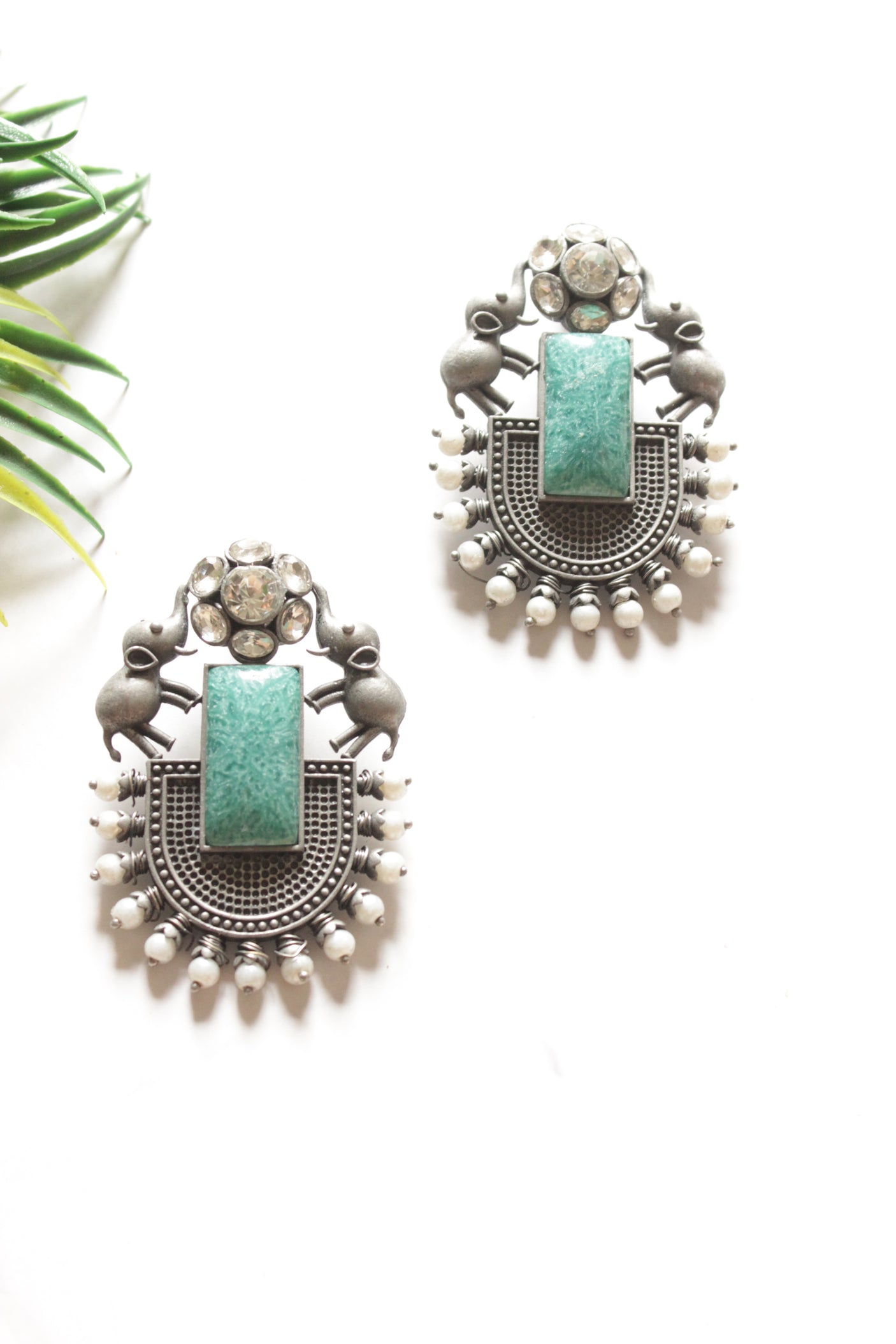Turquoise Center Stone Elephant Motif Oxidised Finish Earrings