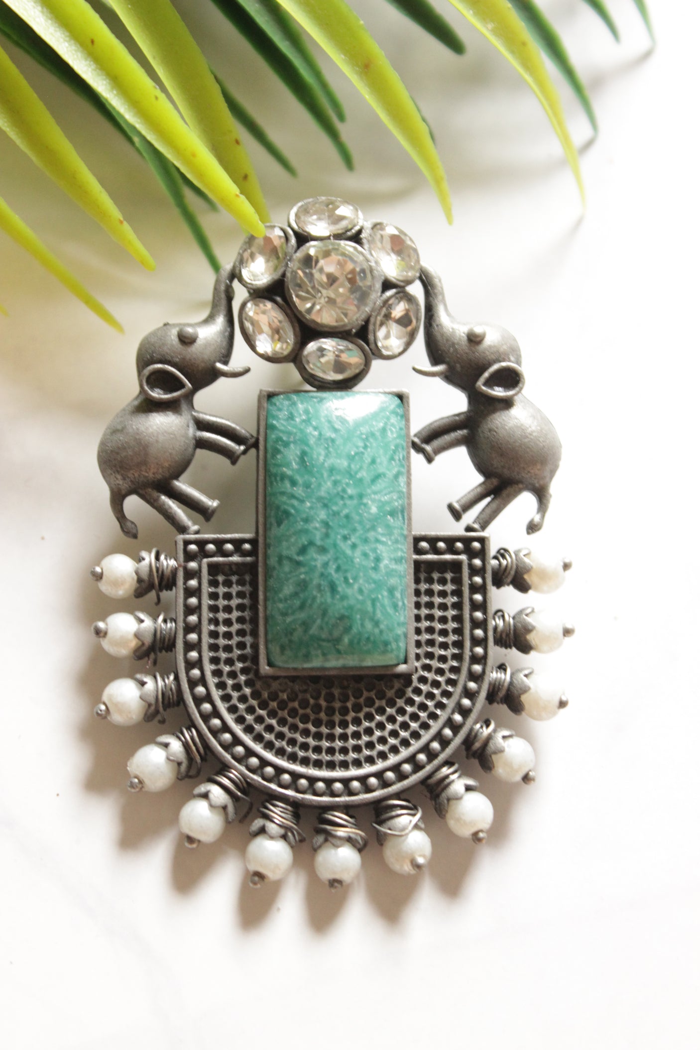 Turquoise Center Stone Elephant Motif Oxidised Finish Earrings