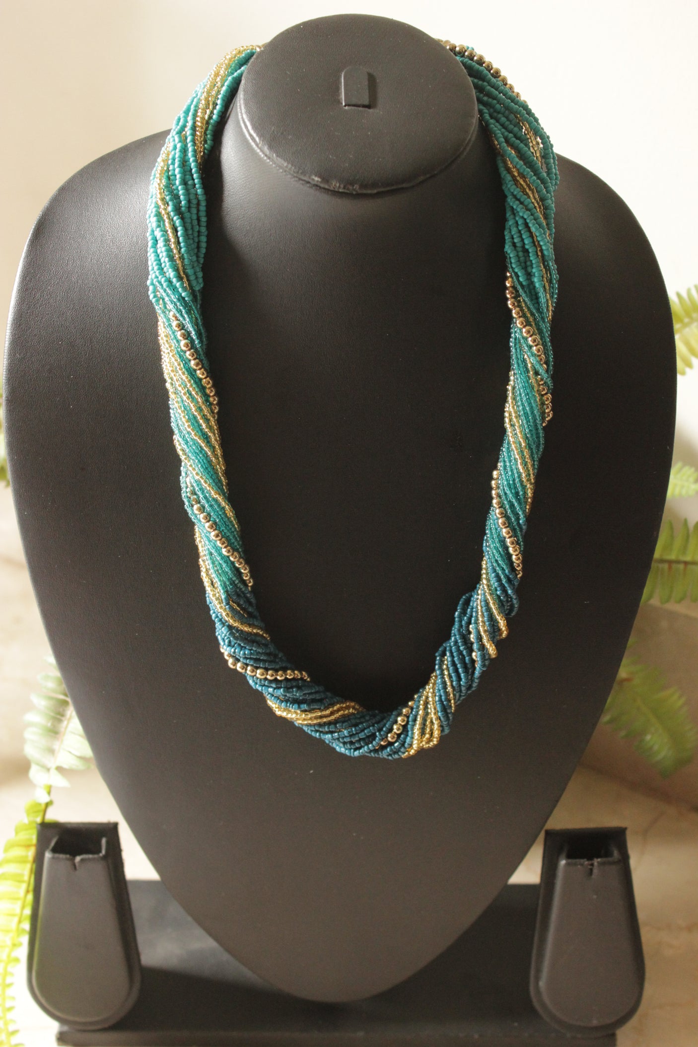Twisted Blue and Golden Beads Handmade Necklace