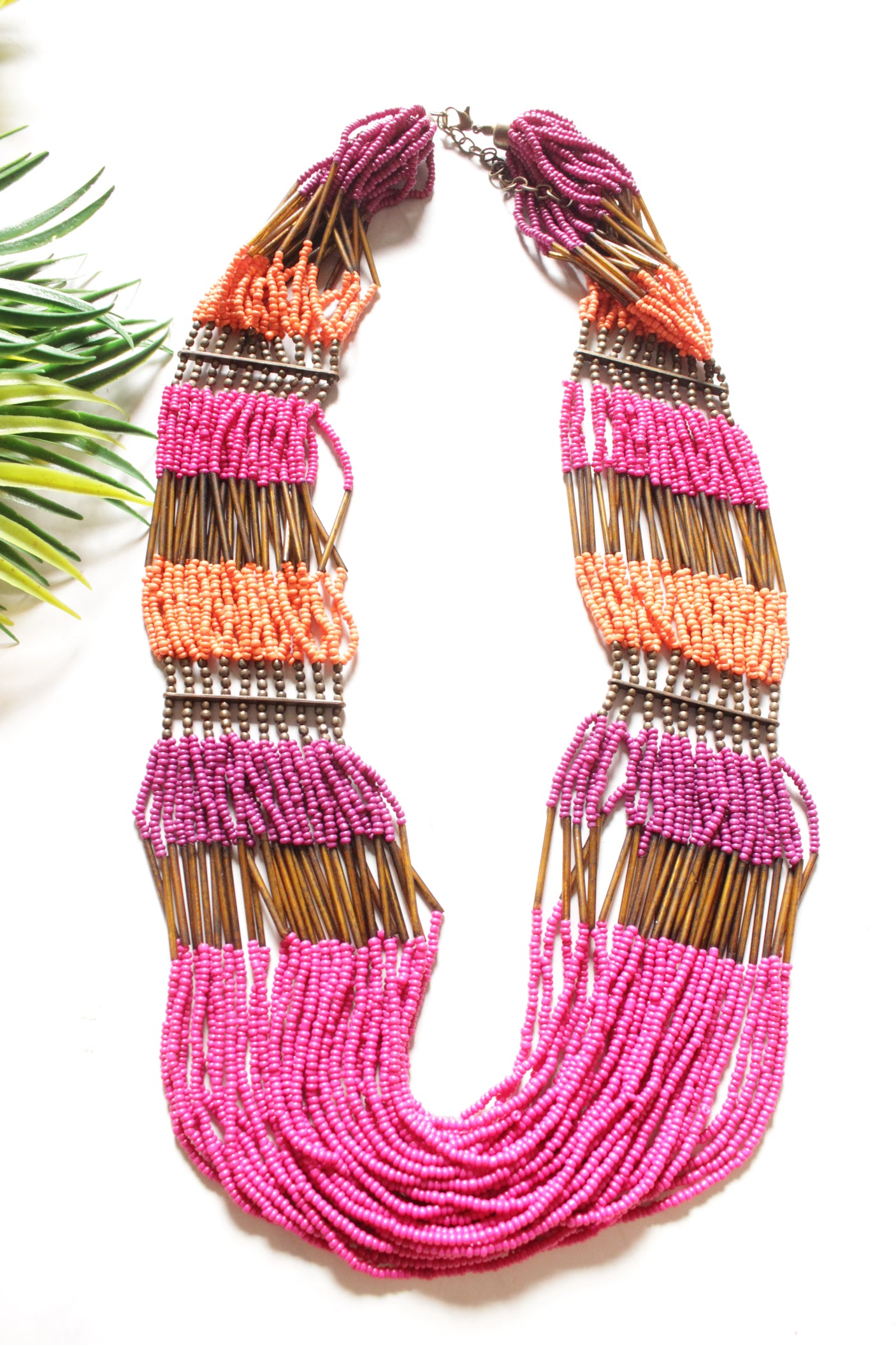 Pink and Orange Beads Multi-Layer Handmade Beaded Necklace