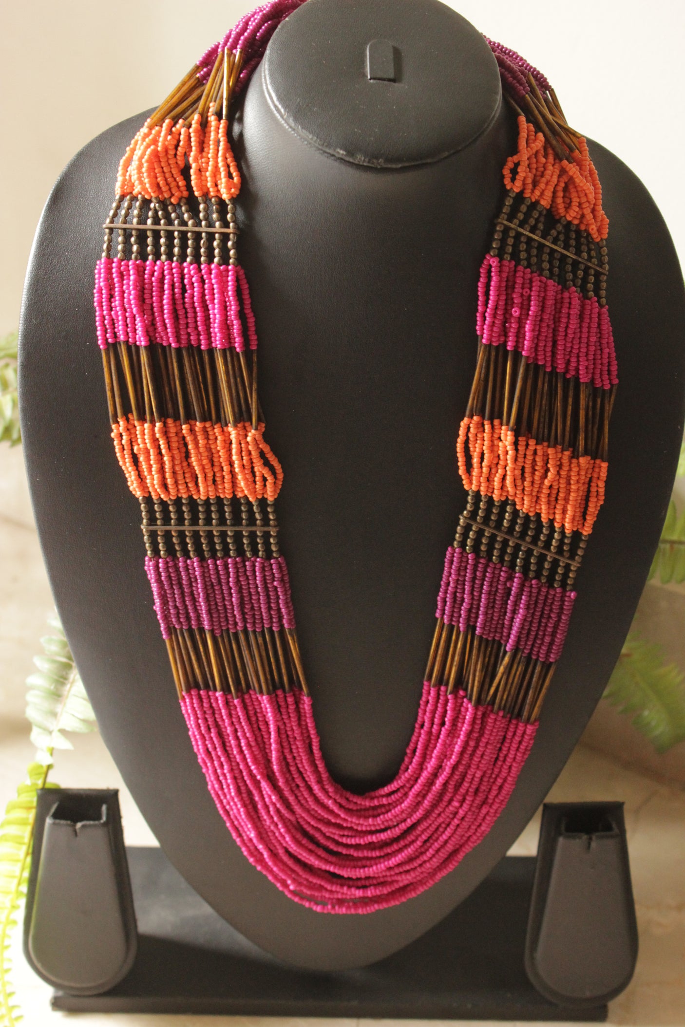 Pink and Orange Beads Multi-Layer Handmade Beaded Necklace