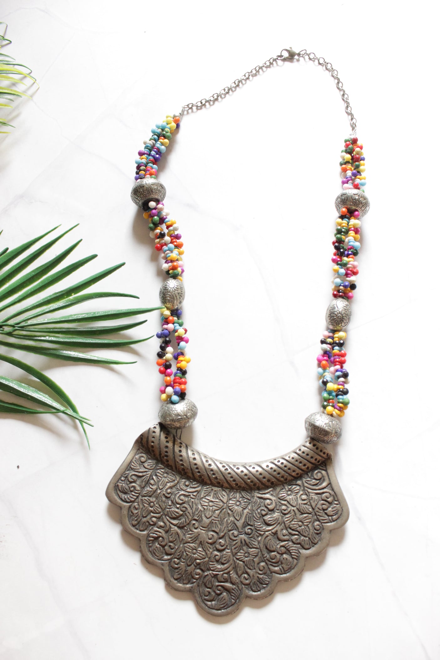 Premium Oxidised Finish Statement Pendant Beaded Long Chains Necklace