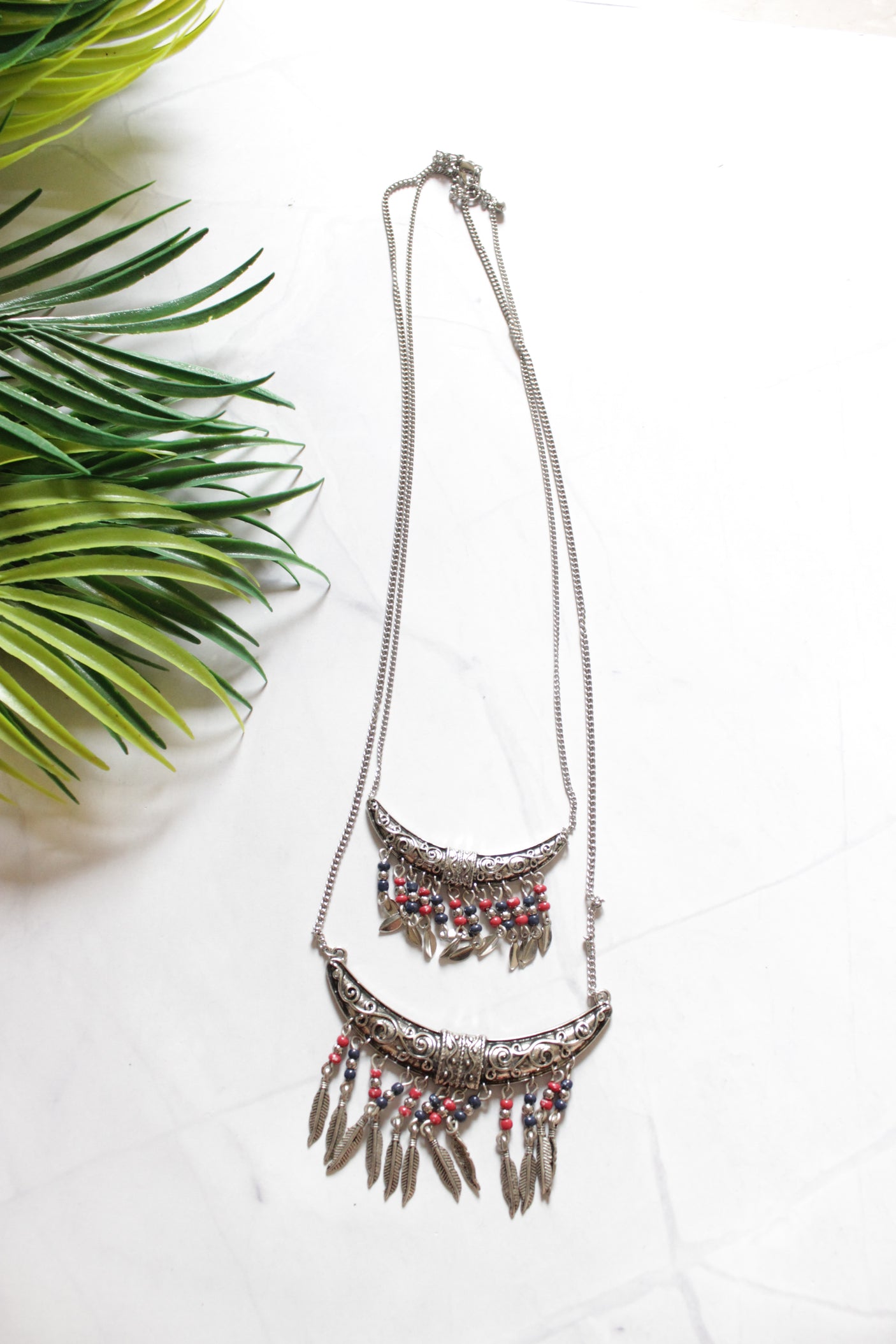 Oxidised Finish Crescent Moon Pendant 2 Layer Necklace