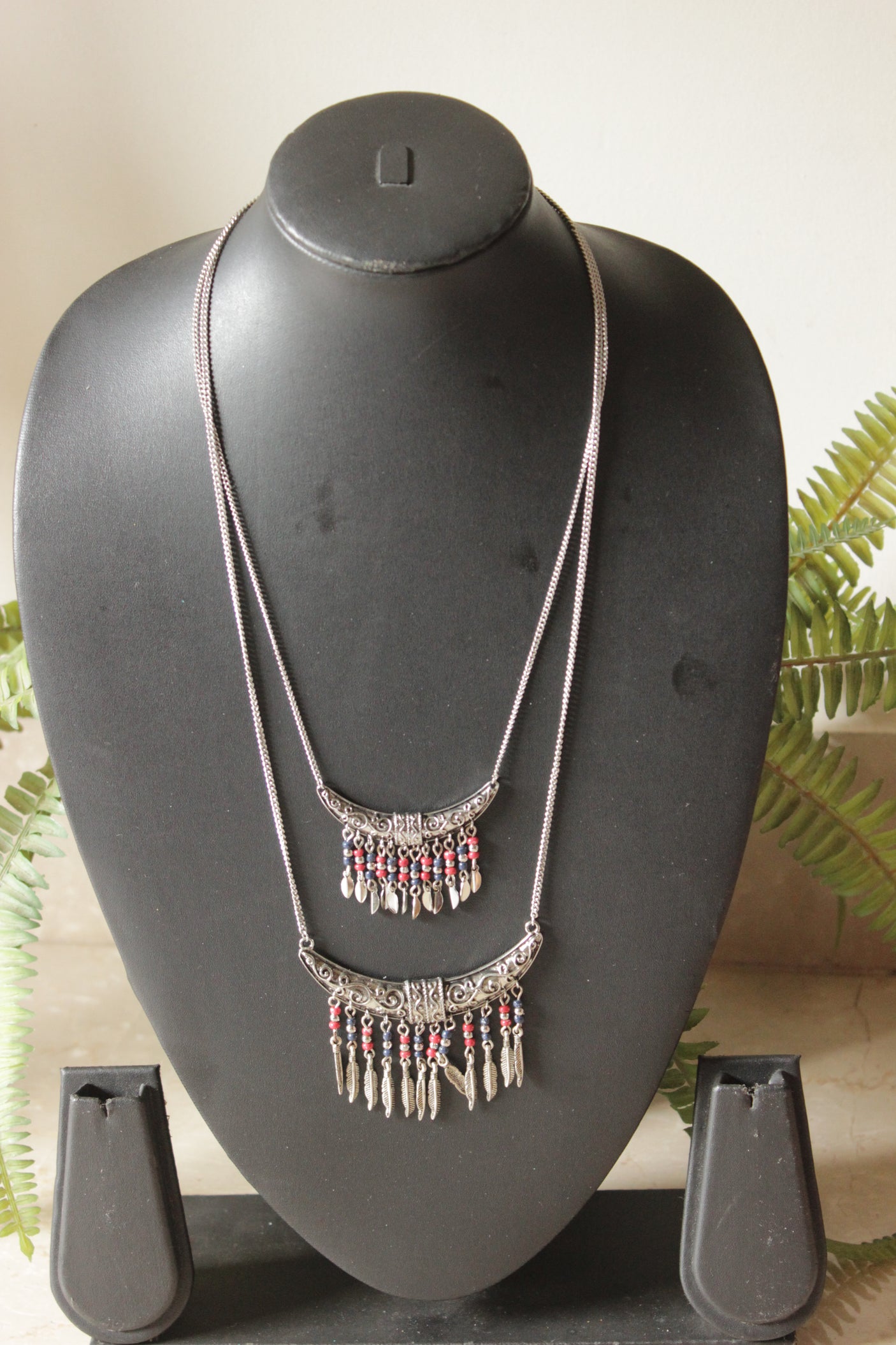 Oxidised Finish Crescent Moon Pendant 2 Layer Necklace