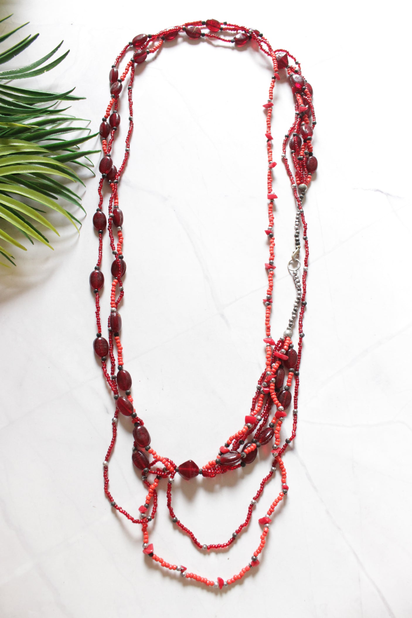 3 Layer Red Crystal and Glass Beads Long Necklace