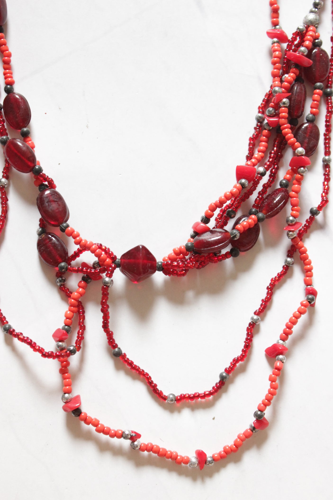3 Layer Red Crystal and Glass Beads Long Necklace