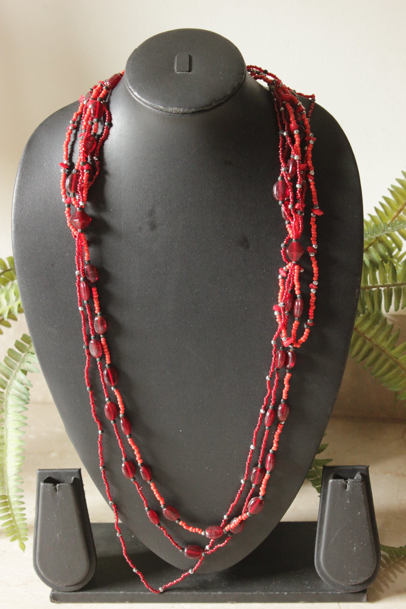 3 Layer Red Crystal and Glass Beads Long Necklace