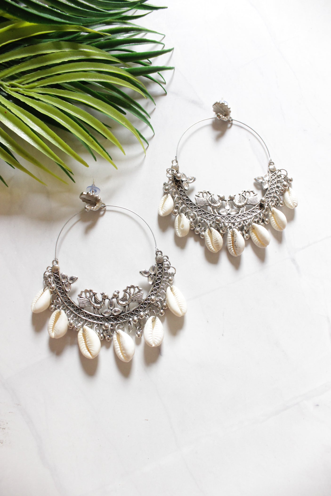 Shells Embellished Peacock Hoop Earrings