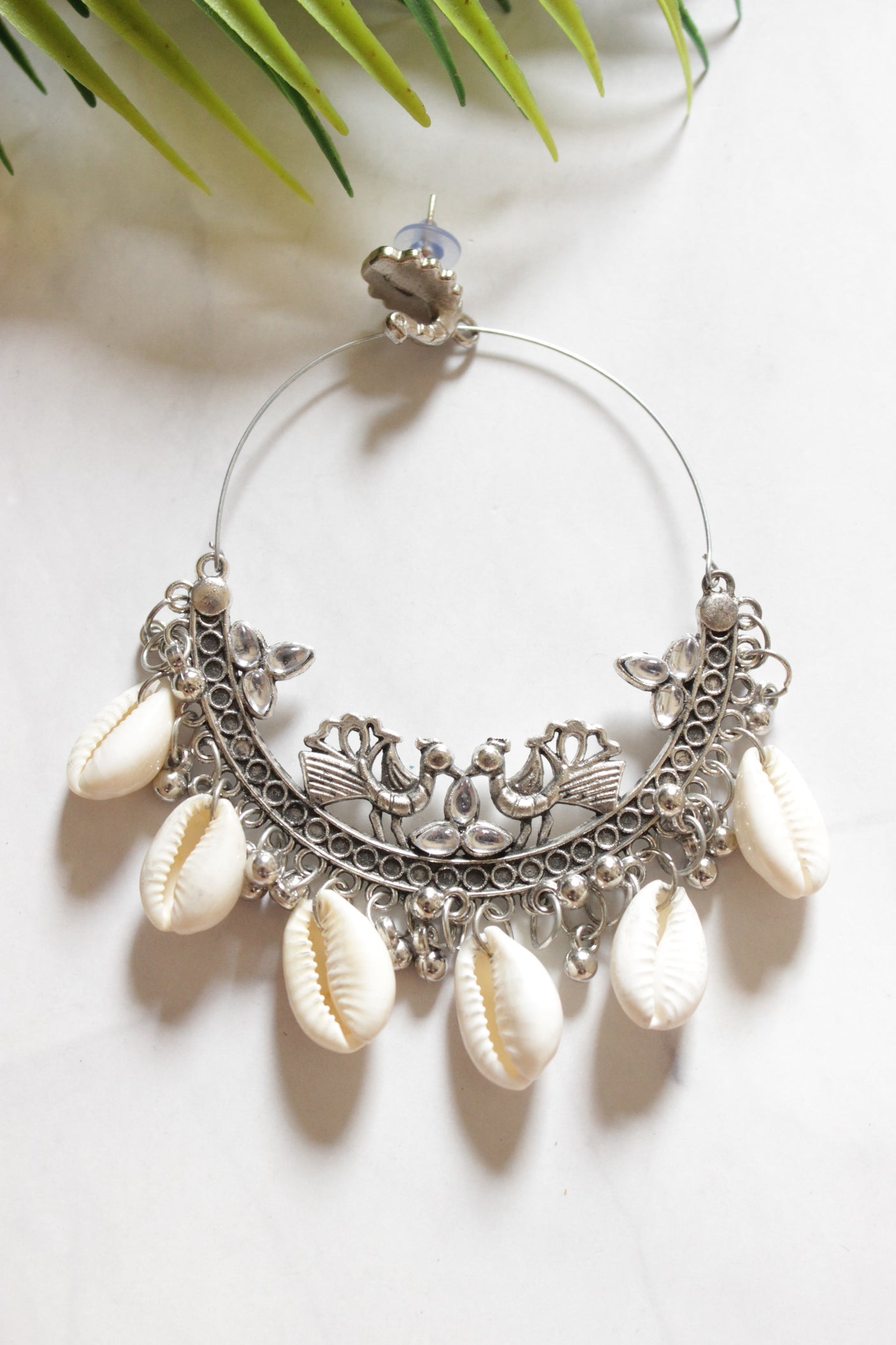 Shells Embellished Peacock Hoop Earrings
