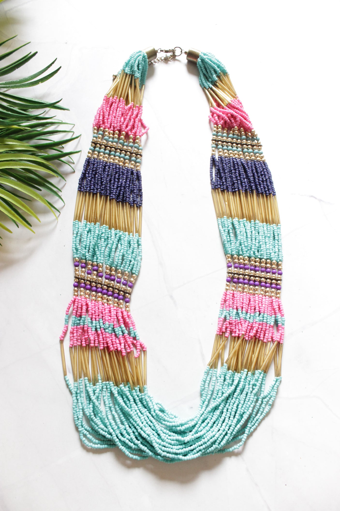 Shades of Blue and Red Multi-Layer Handmade Beaded Necklace