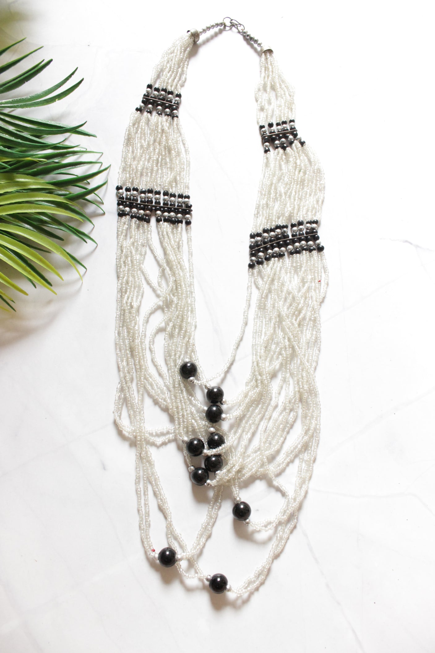 White and Black Glass Beads Multi-Layer Handmade Beaded Necklace