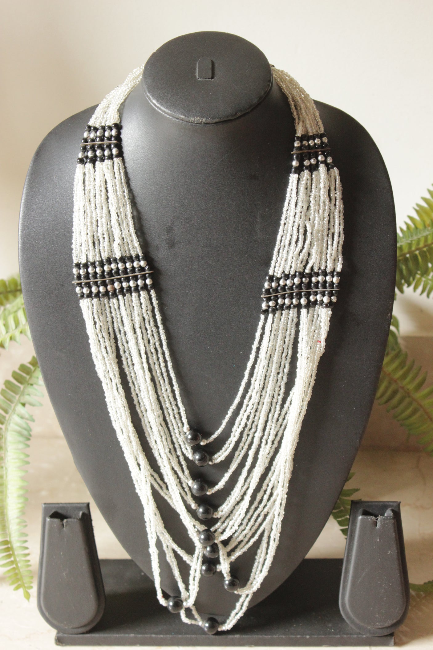 White and Black Glass Beads Multi-Layer Handmade Beaded Necklace