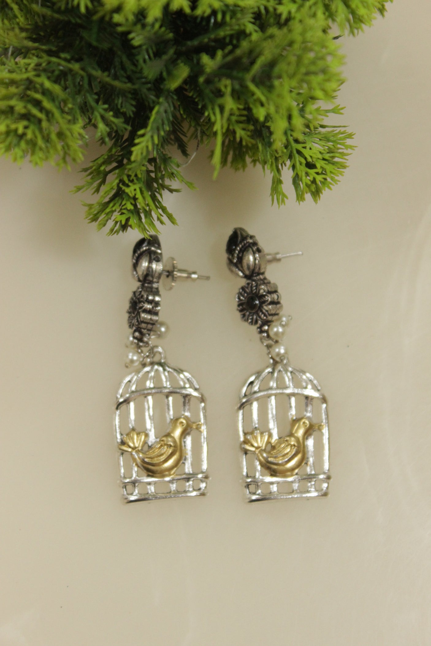 Bird in a Cage Oxidised Finish Earrings