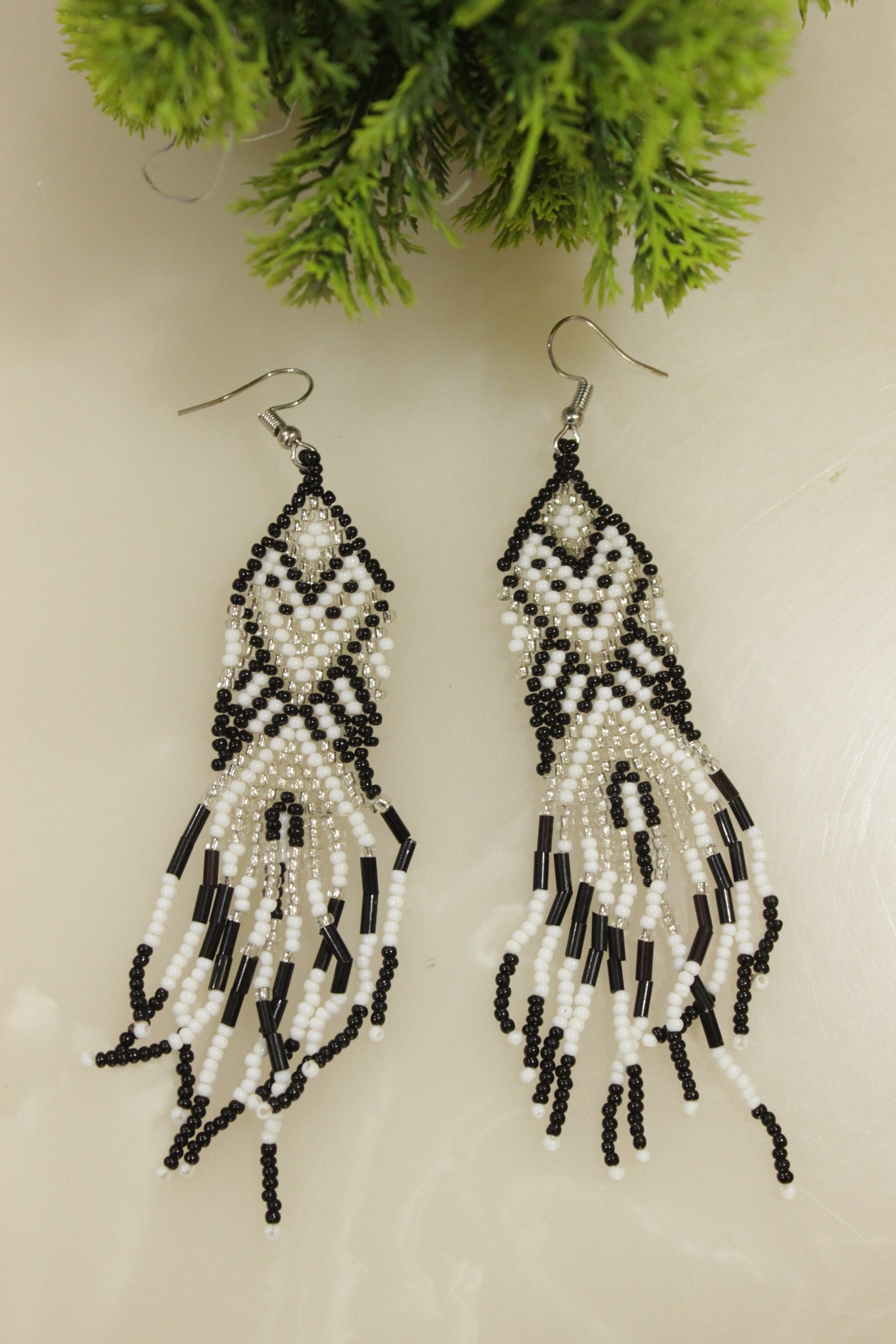 Black and White Handmade Beaded Dangler Earrings