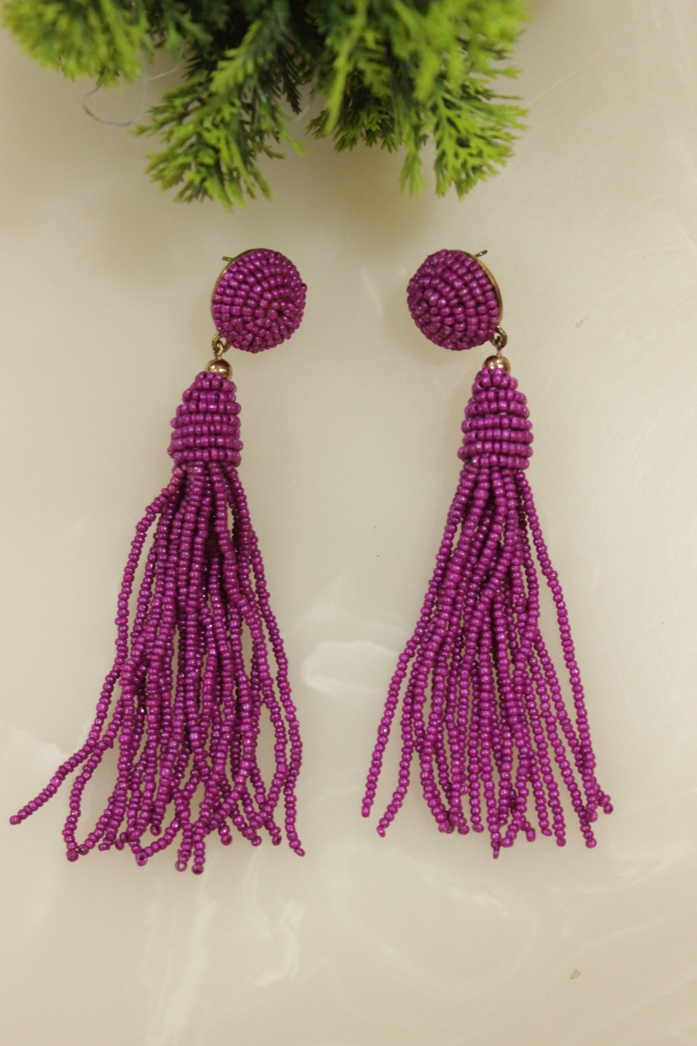 Purple Handmade Beaded Dangler Earrings