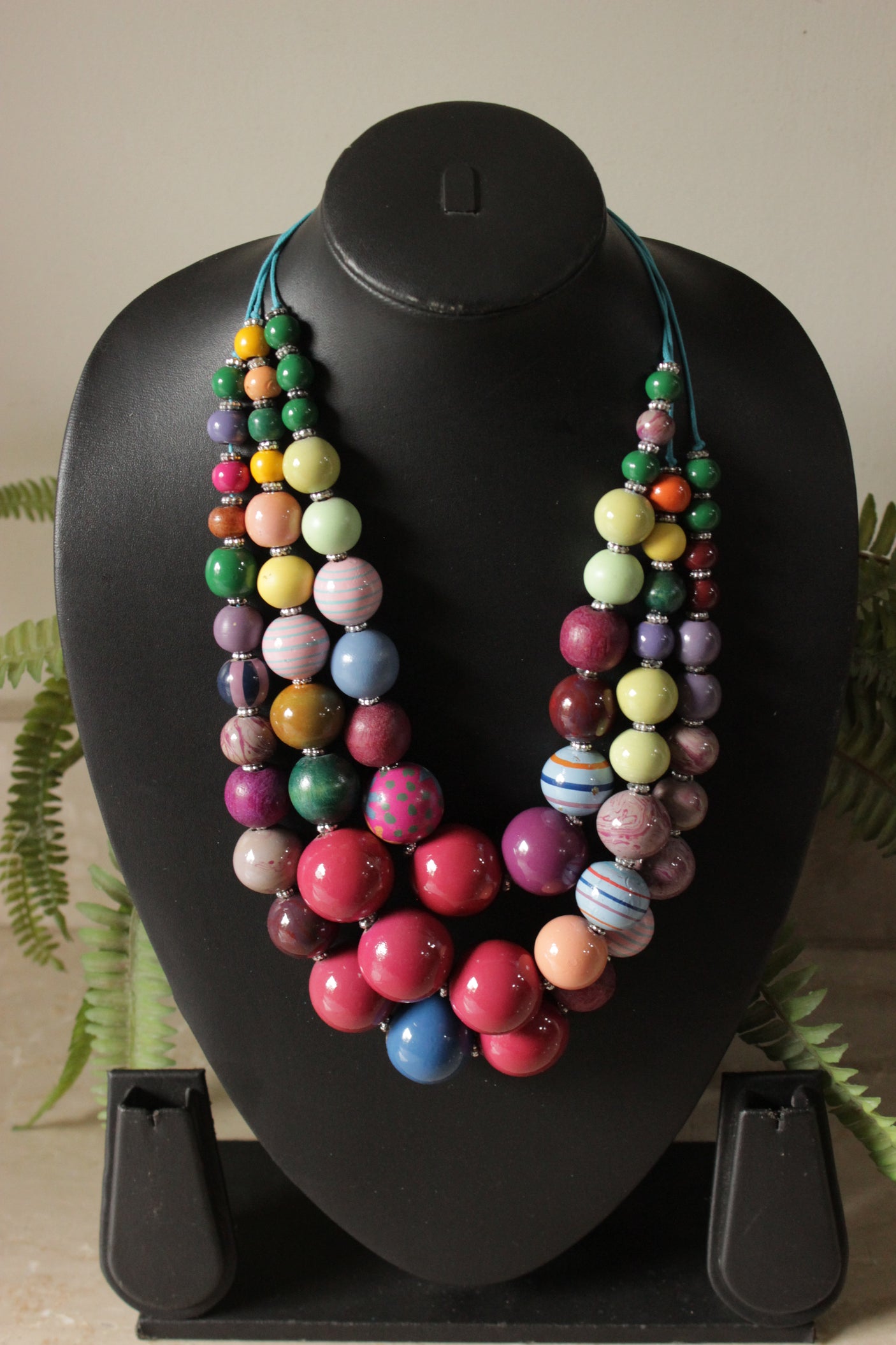 Vibrant Shades Wooden Beads 3 Layer Necklace