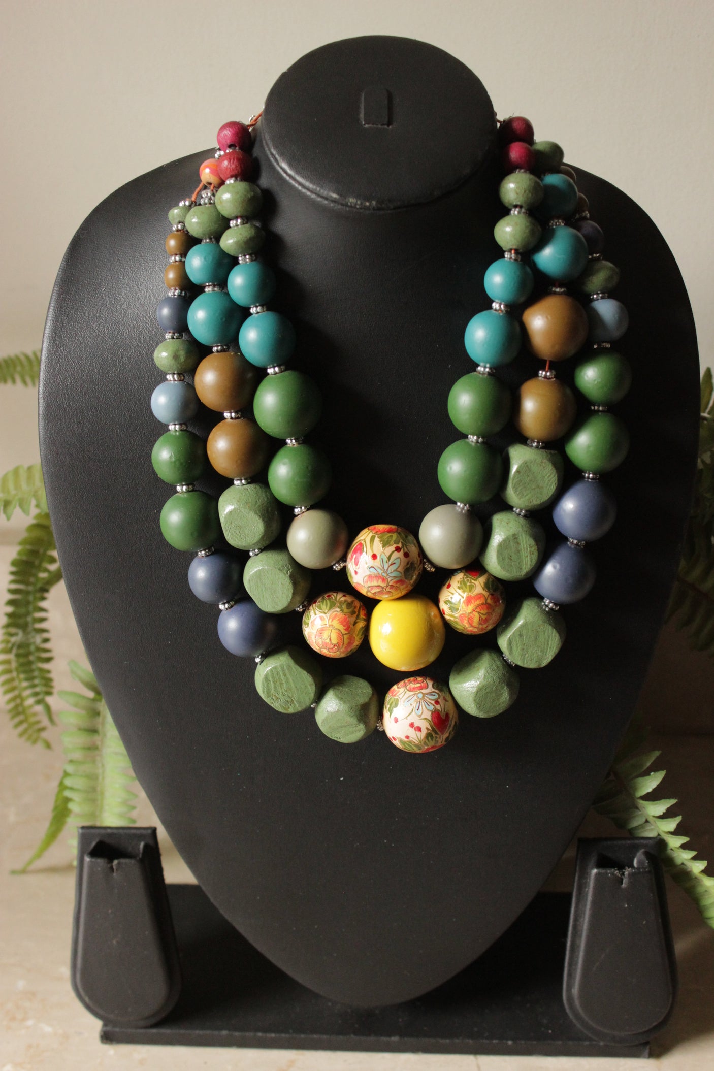 Earthy Shades Wooden Beads 3 Layer Necklace