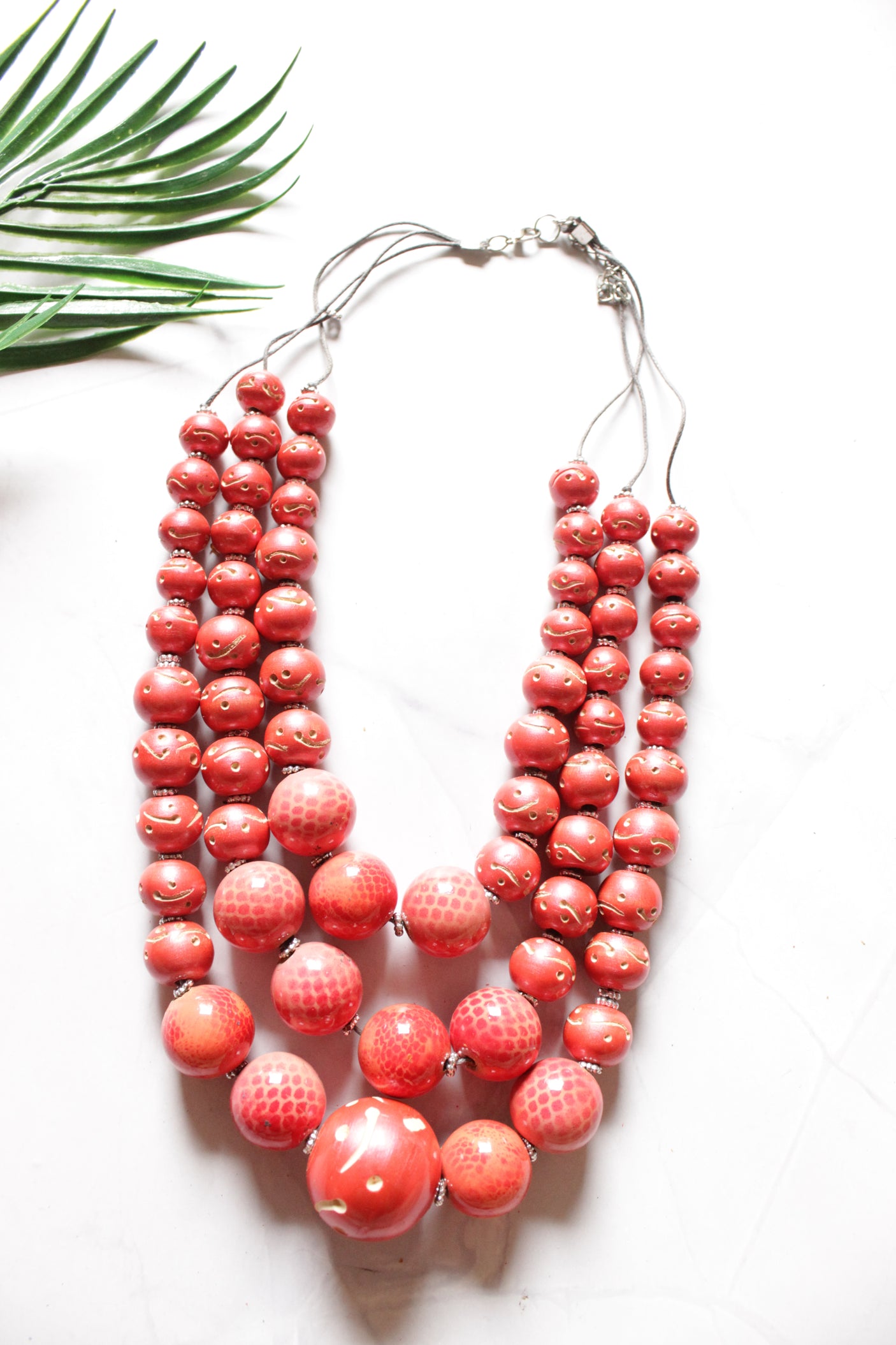 Red Wooden Beads 3 Layer Necklace