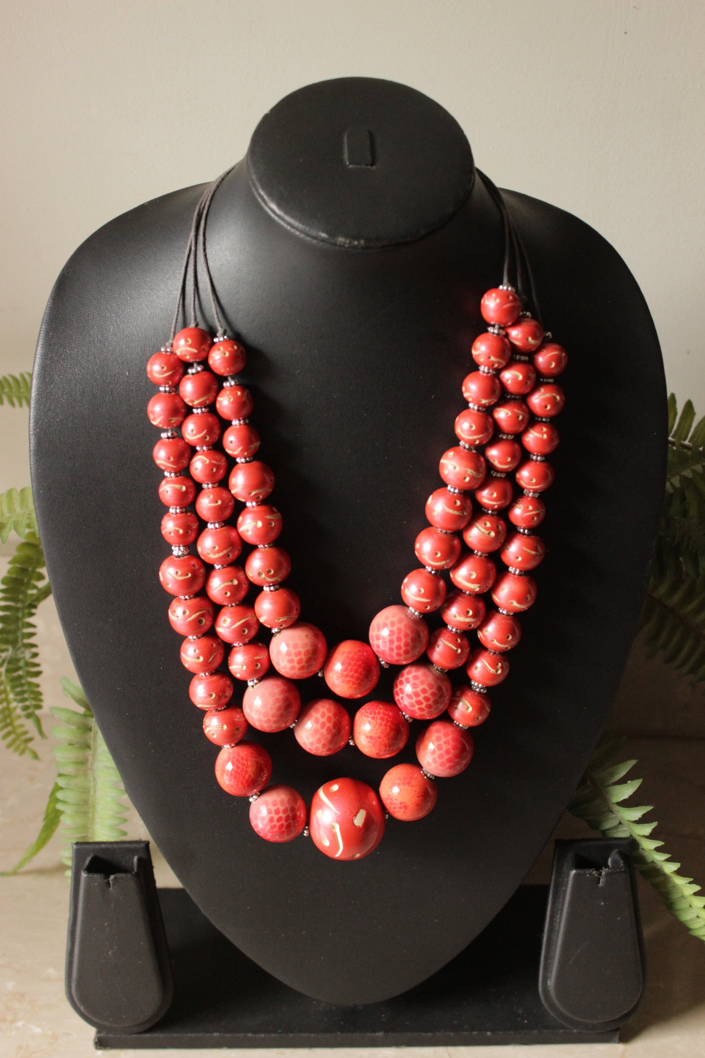 Red Wooden Beads 3 Layer Necklace
