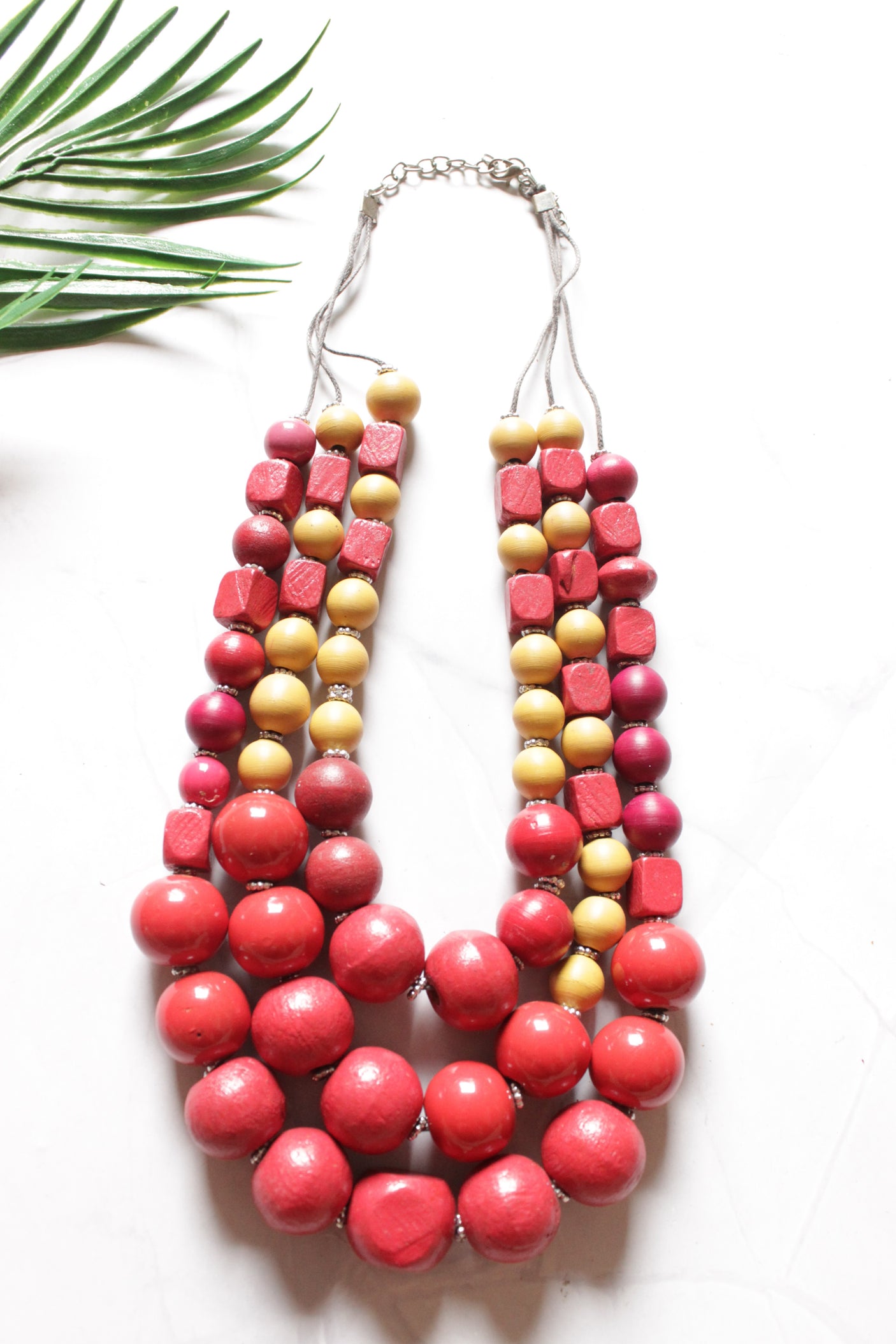 Red and Yellow Wooden Beads 3 Layer Necklace