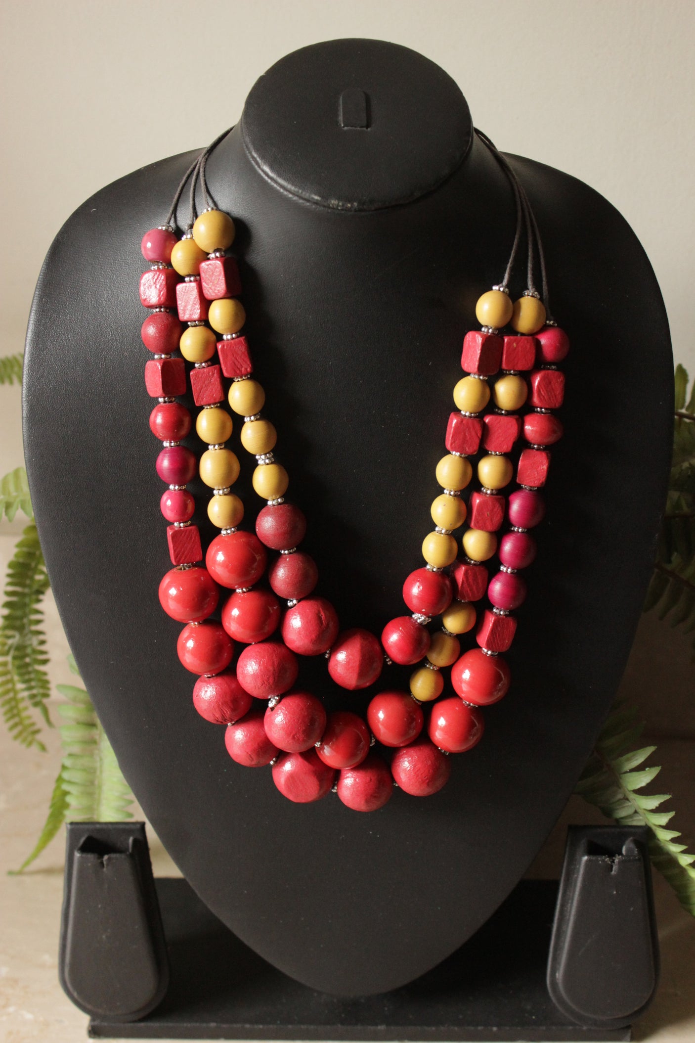 Red and Yellow Wooden Beads 3 Layer Necklace