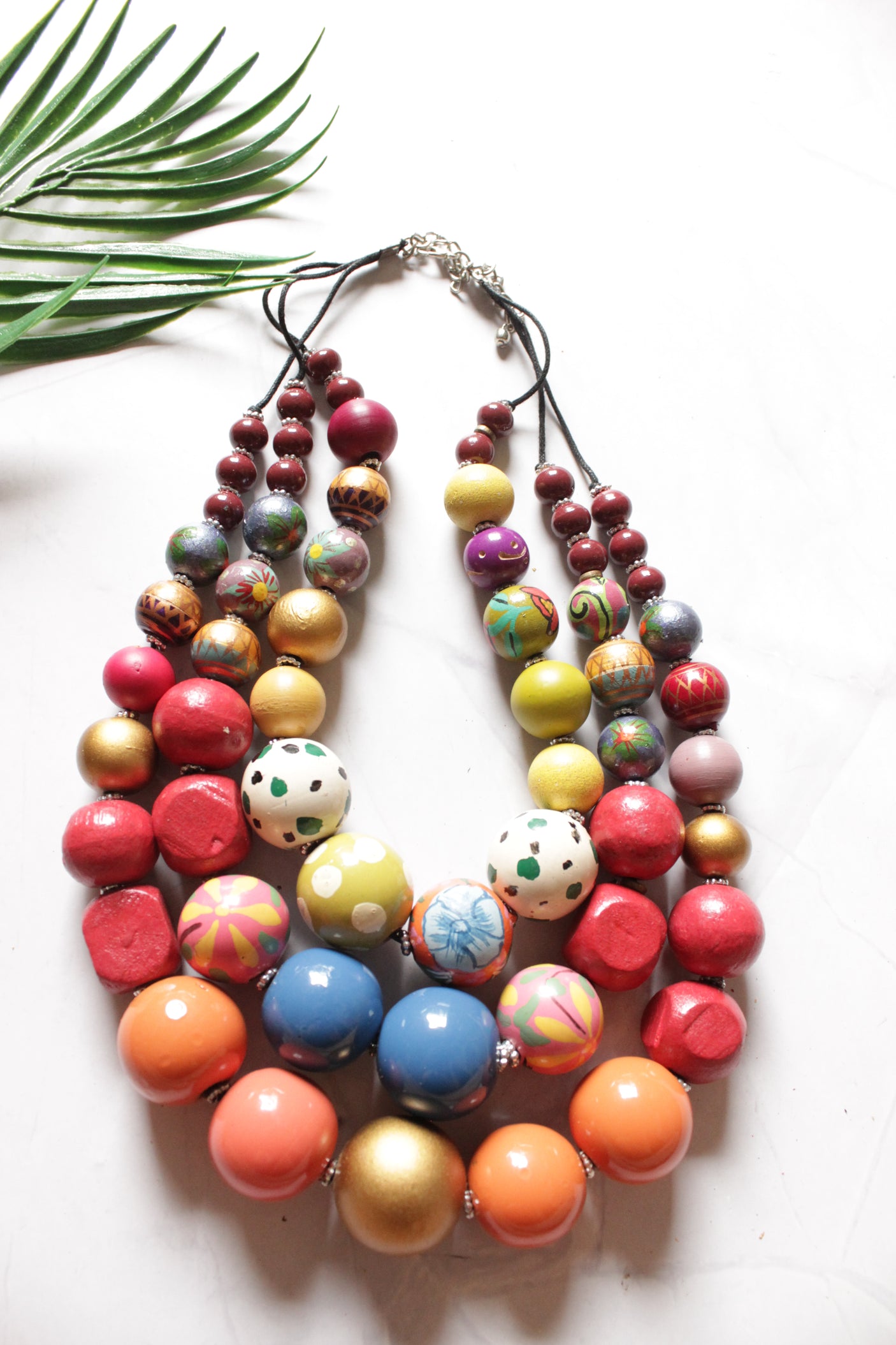 Vibrant Hand Painted Wooden Beads 3 Layer Necklace
