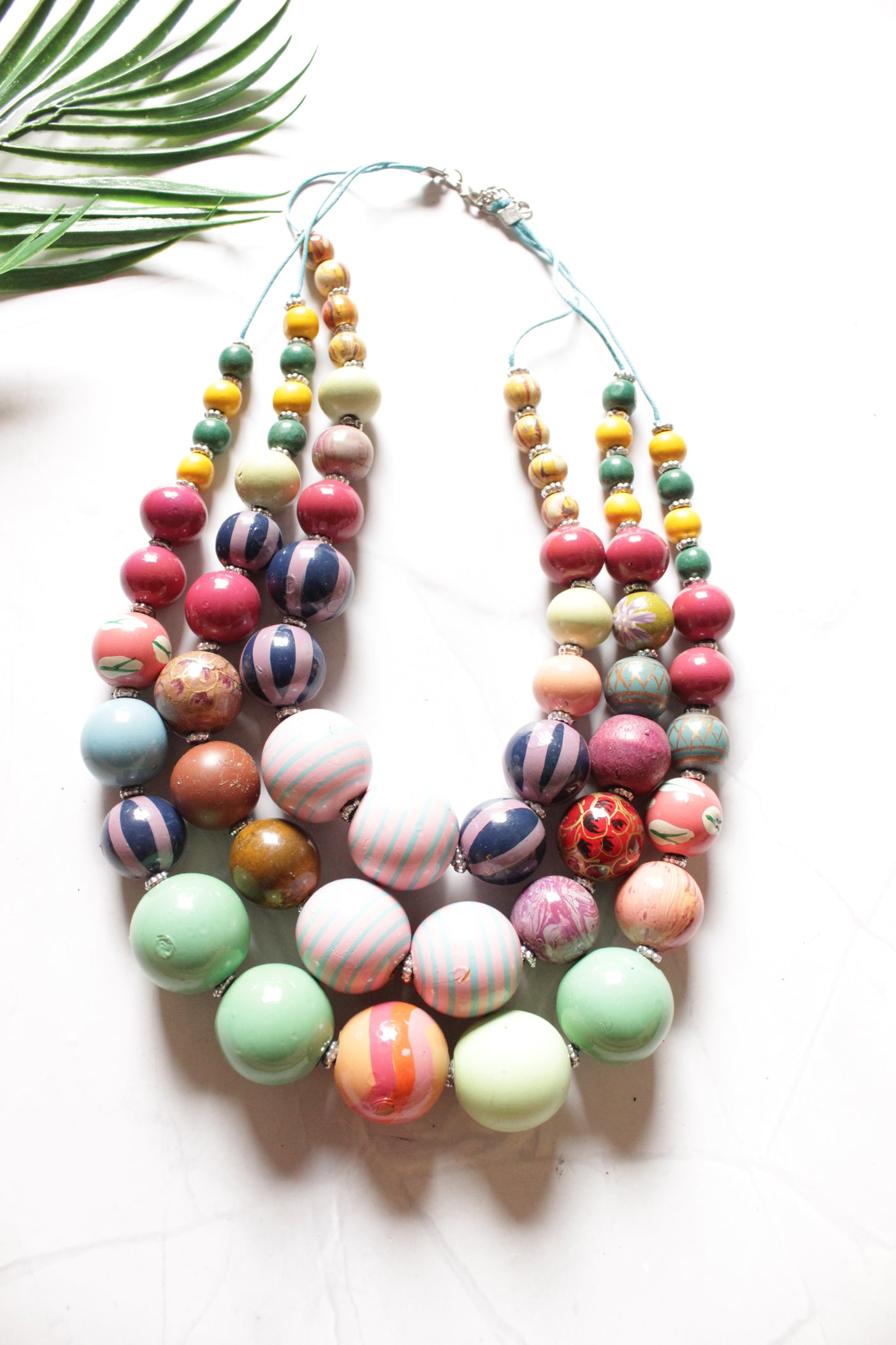 Vibrant Hand Painted Wooden Beads 3 Layer Necklace