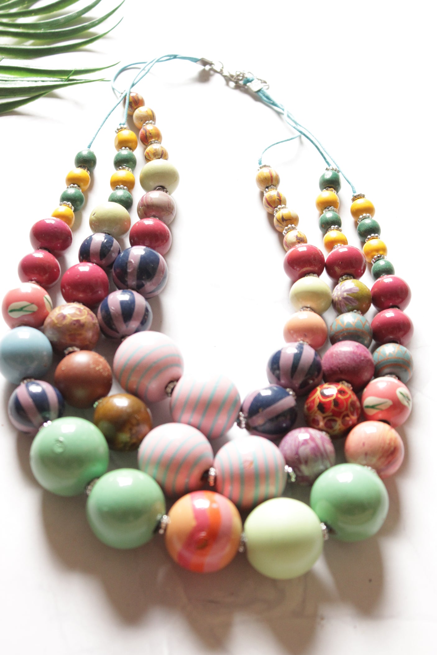 Vibrant Hand Painted Wooden Beads 3 Layer Necklace