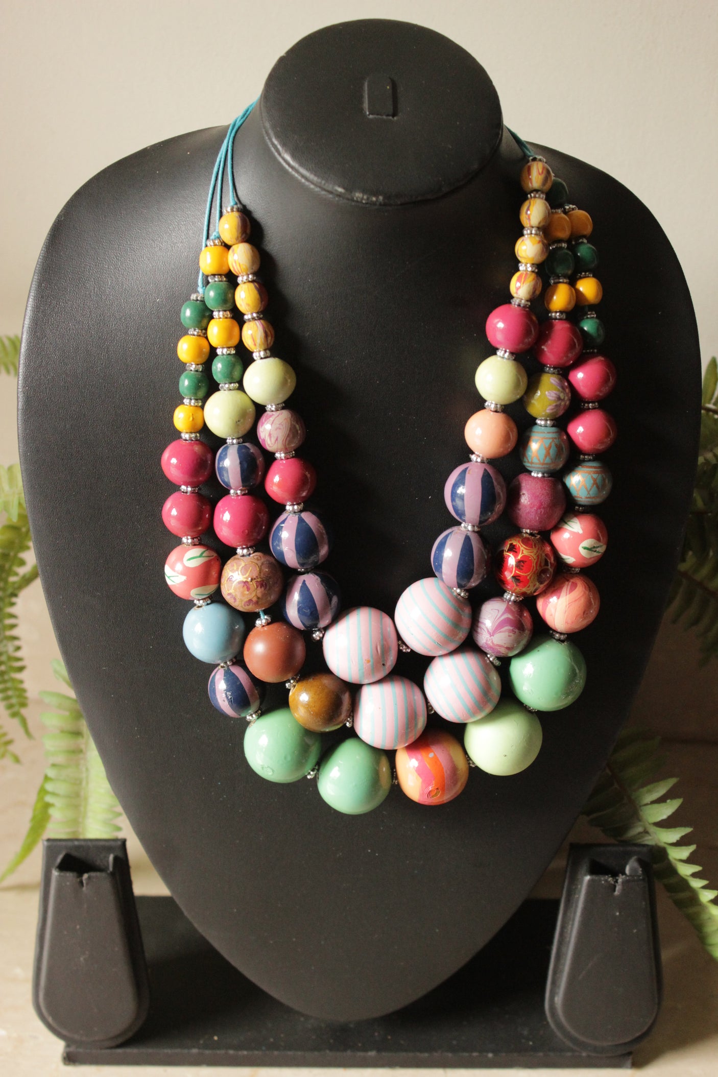 Vibrant Hand Painted Wooden Beads 3 Layer Necklace