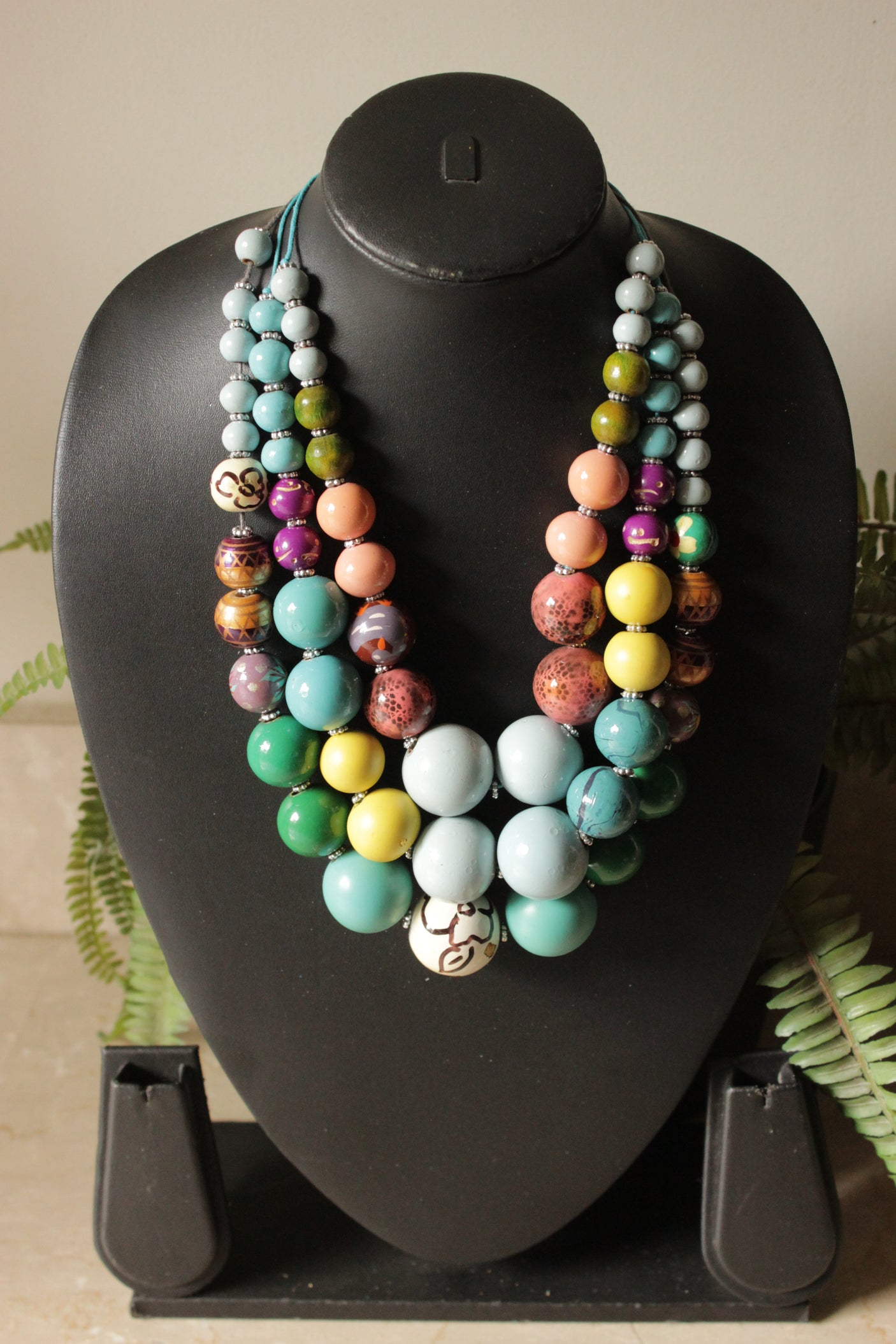 Multi-Color Hand Painted Wooden Beads 3 Layer Necklace