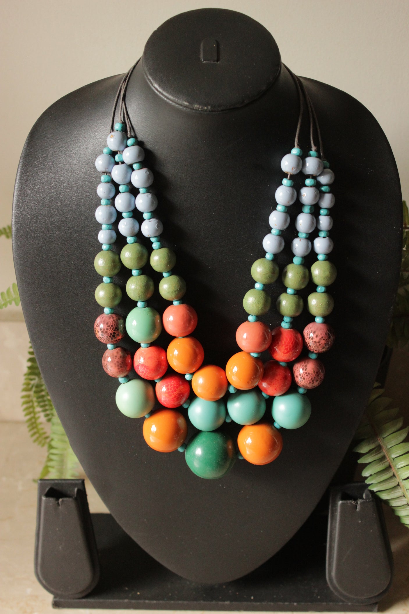Multi-Color Wooden Beads 3 Layer Necklace