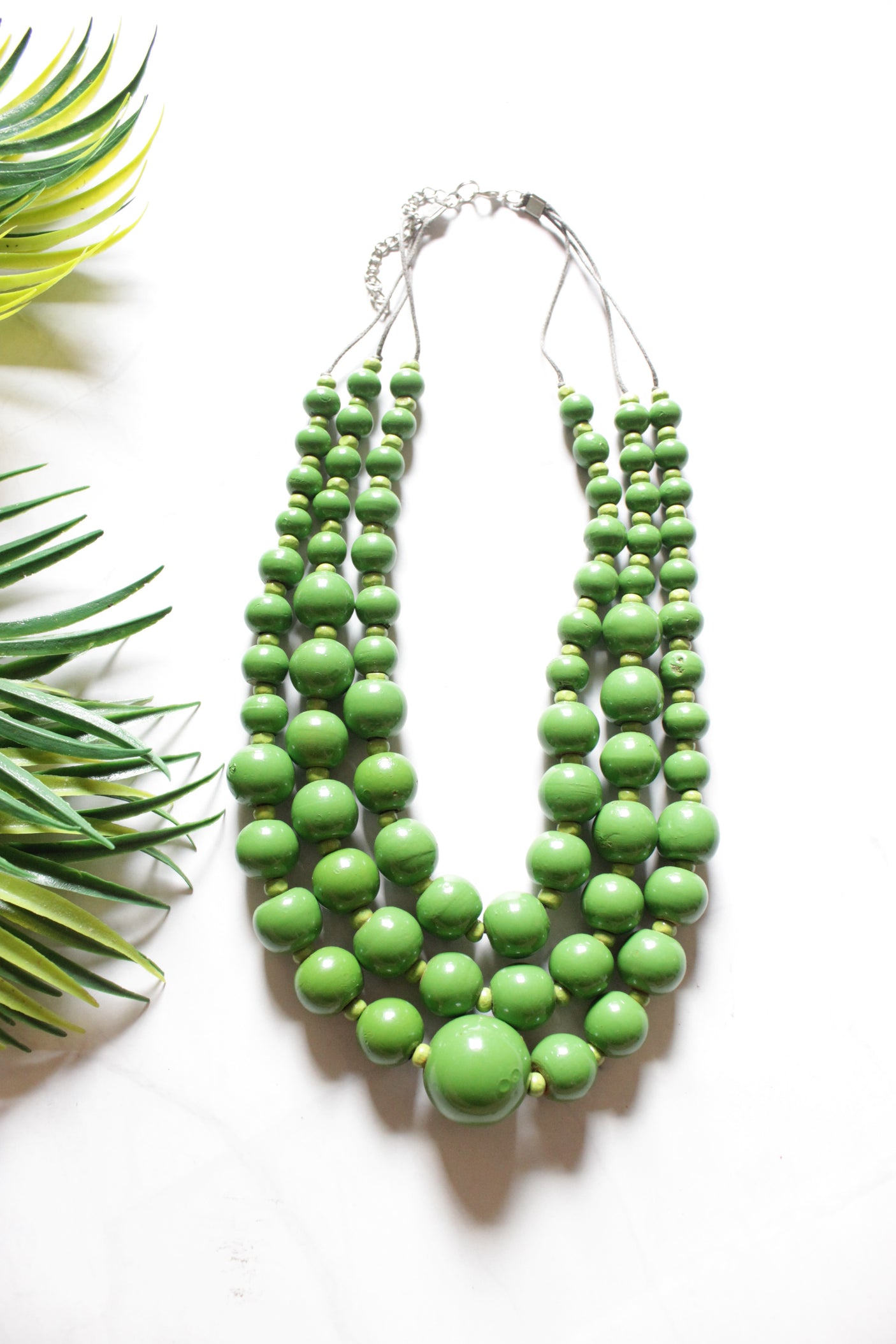 Green Wooden Beads 3 Layer Necklace