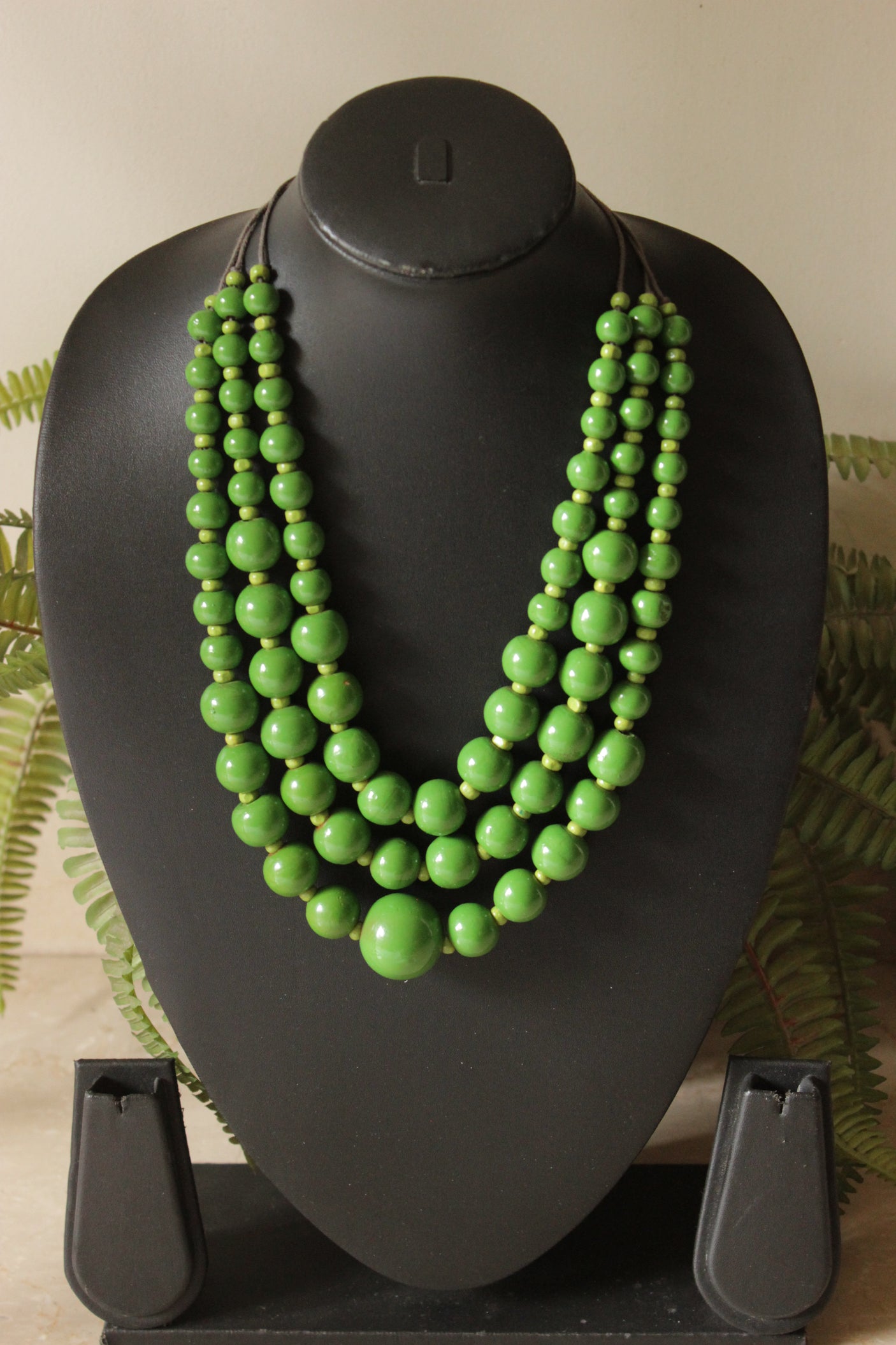 Green Wooden Beads 3 Layer Necklace