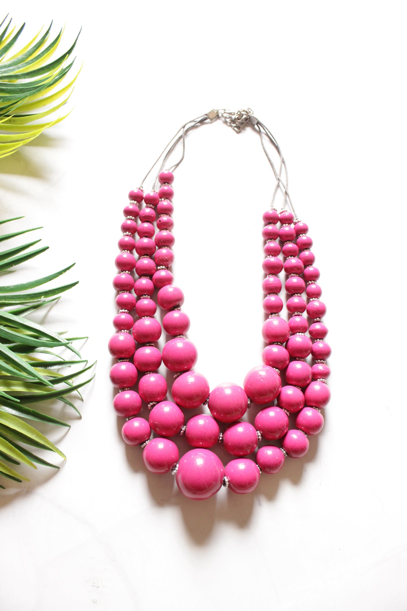 Pink Wooden Beads 3 Layer Necklace