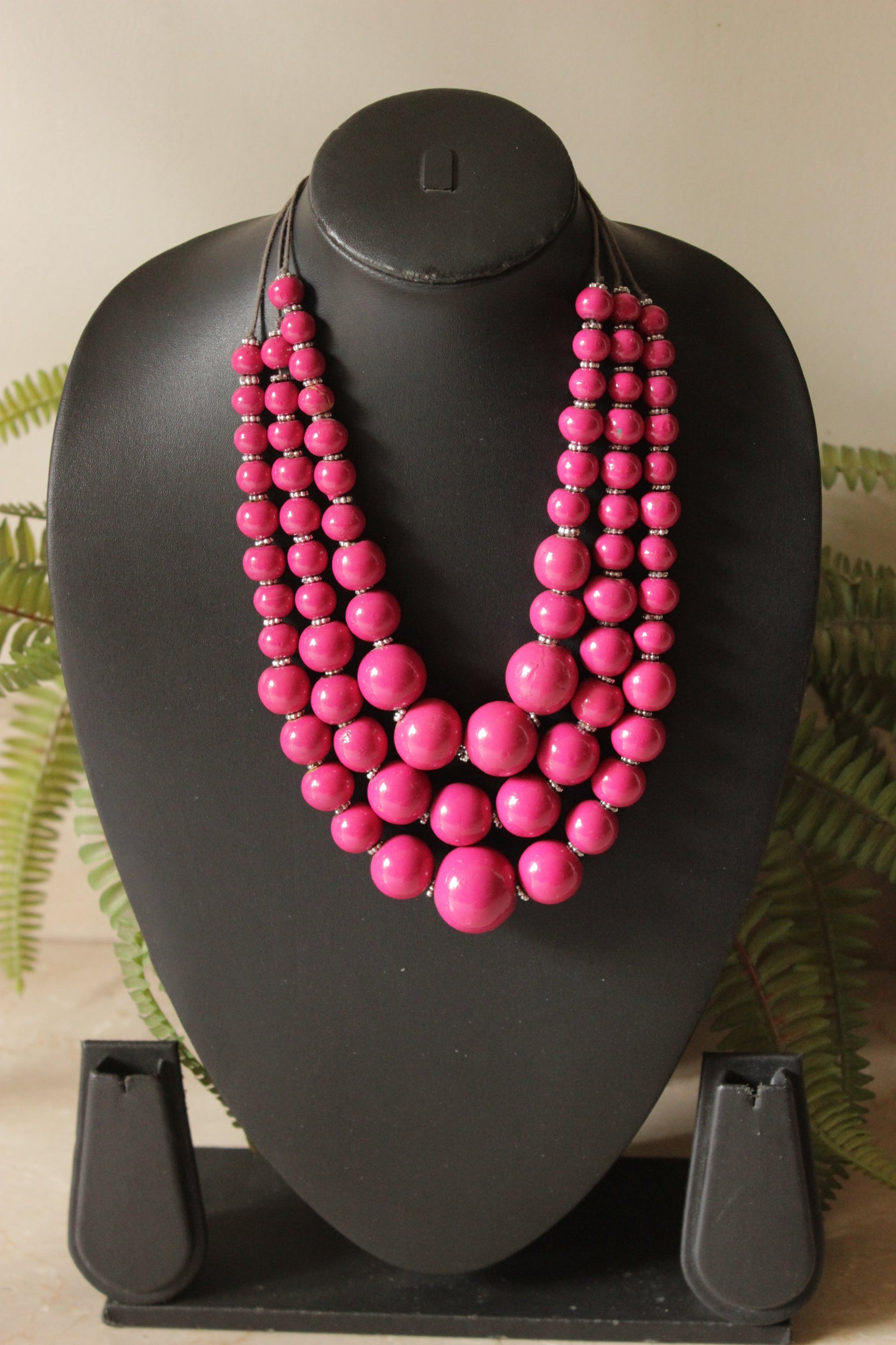 Pink Wooden Beads 3 Layer Necklace
