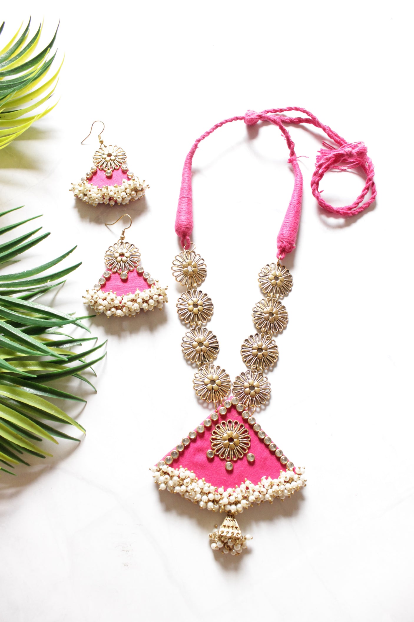 Handmade Pink Fabric Necklace Set with Gold Metal Accents