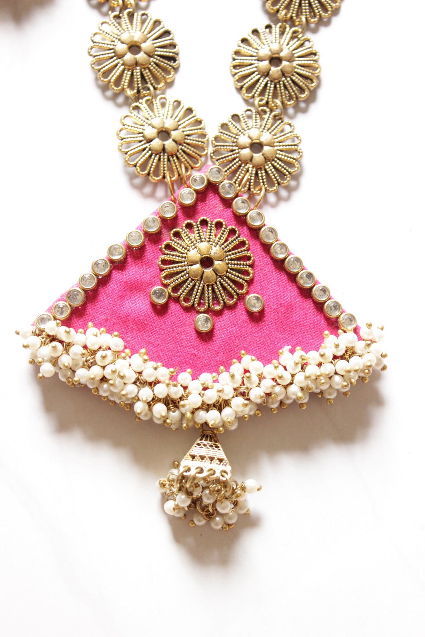 Handmade Pink Fabric Necklace Set with Gold Metal Accents