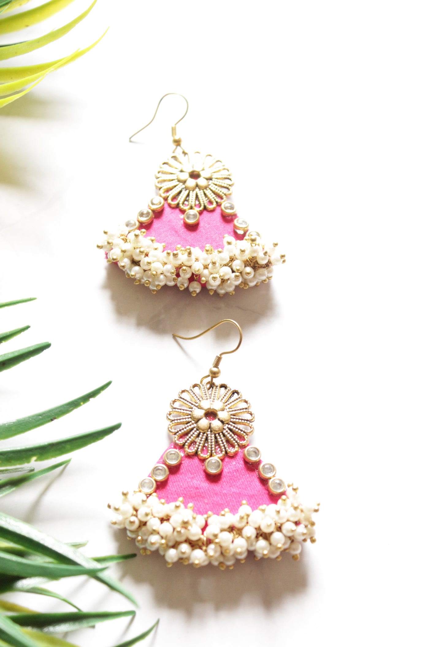 Handmade Pink Fabric Necklace Set with Gold Metal Accents