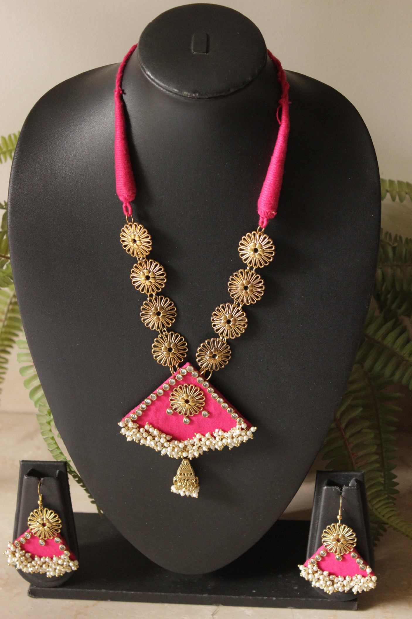 Handmade Pink Fabric Necklace Set with Gold Metal Accents