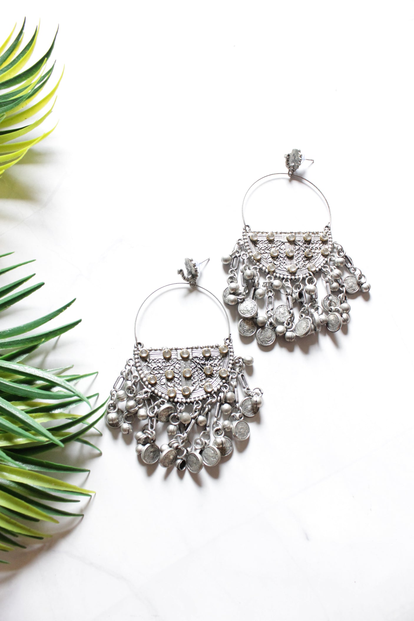 Oxidised Finish Stamped Coins and Ghungroos Embellished Hoop Earrings