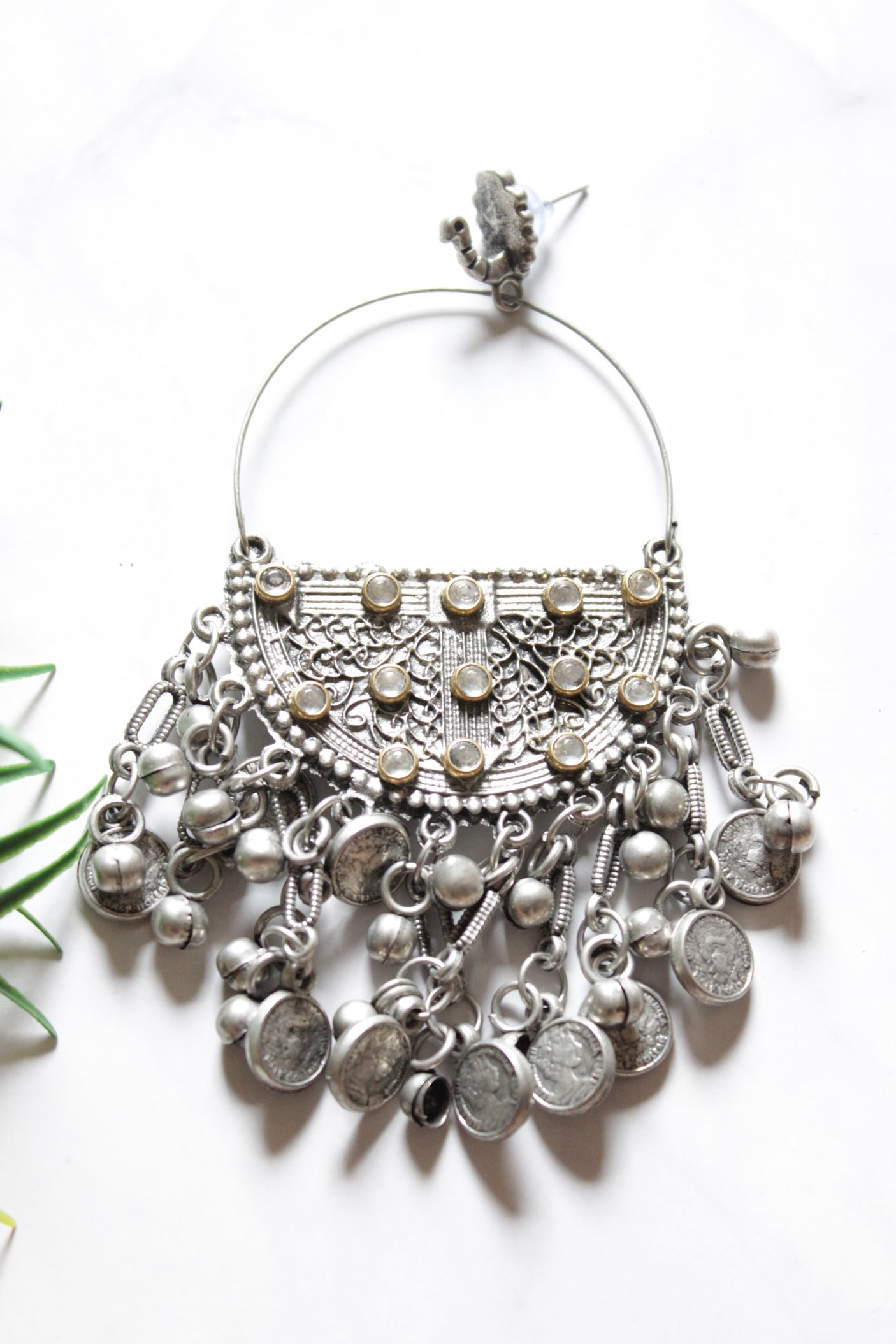 Oxidised Finish Stamped Coins and Ghungroos Embellished Hoop Earrings