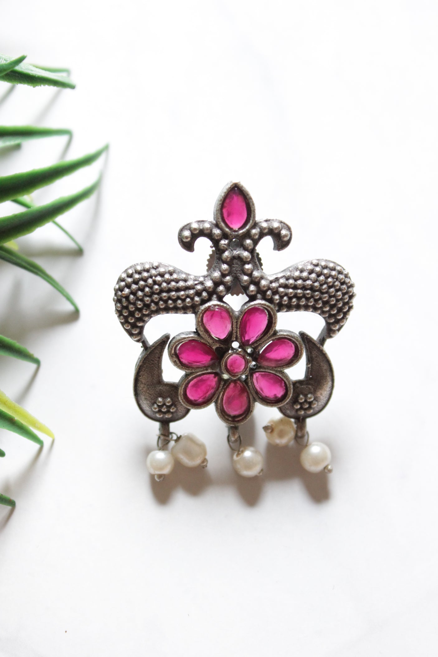 Pink Stones Embedded Oxidised Finish Stud Earrings