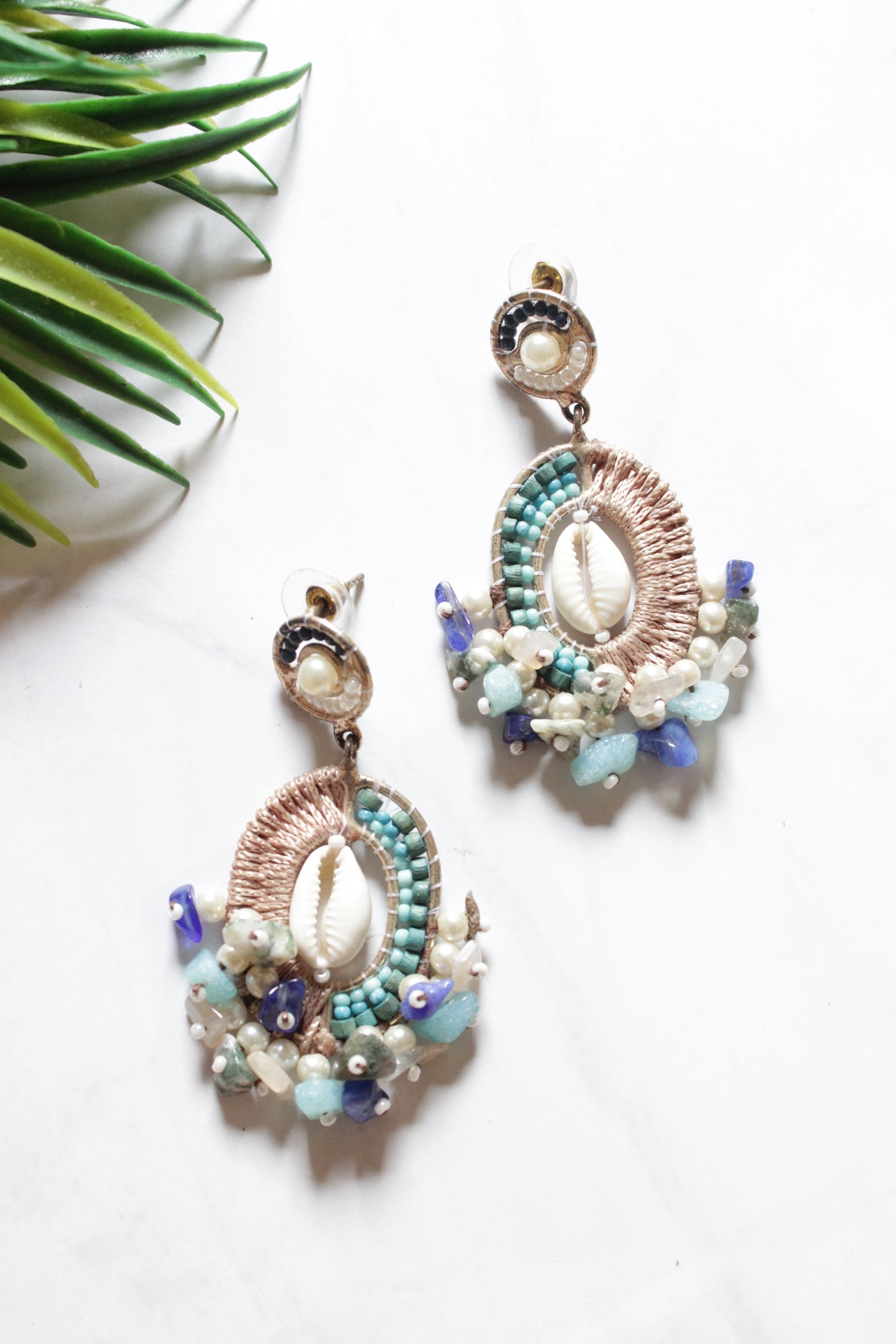 Shell, Beads and Fabric Handmade Earrings