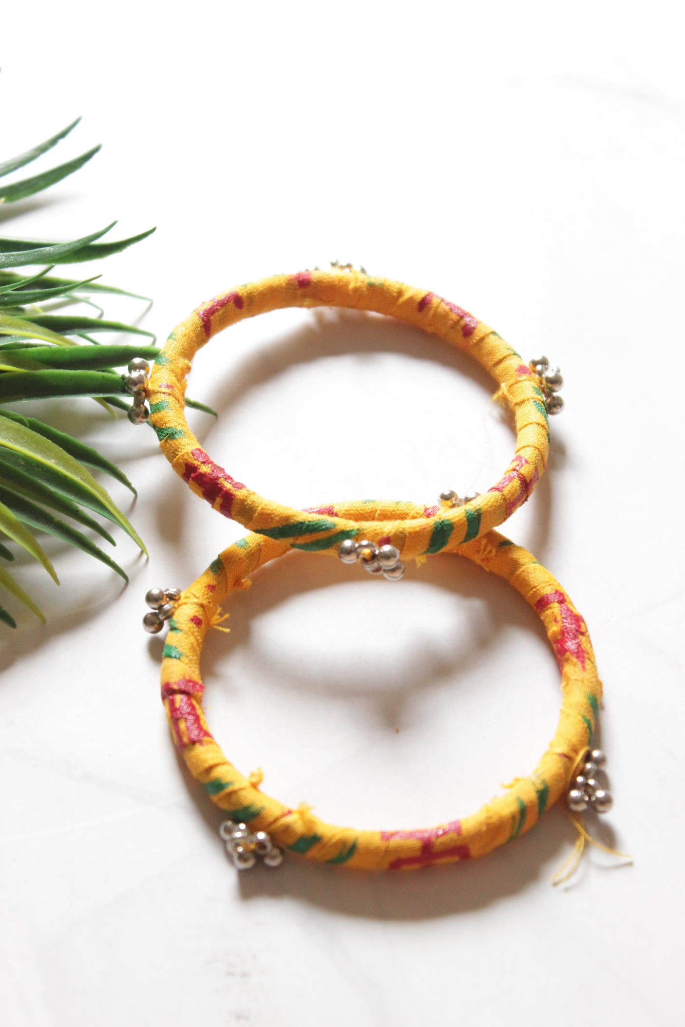 Set of 2 Yellow Fabric and Ghungroo Handmade Bangles