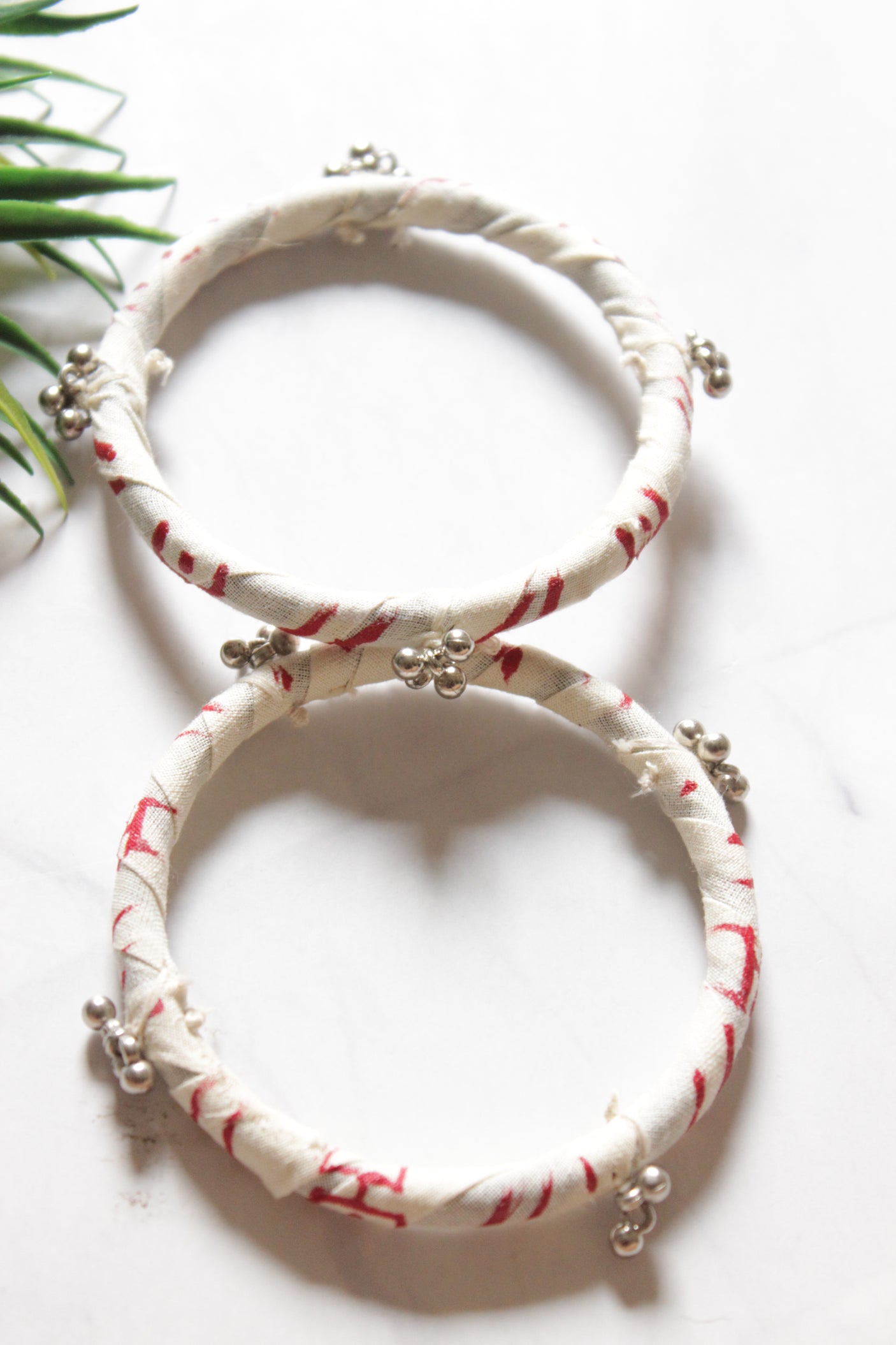 Set of 2 Off-White Fabric and Ghungroo Handmade Bangles