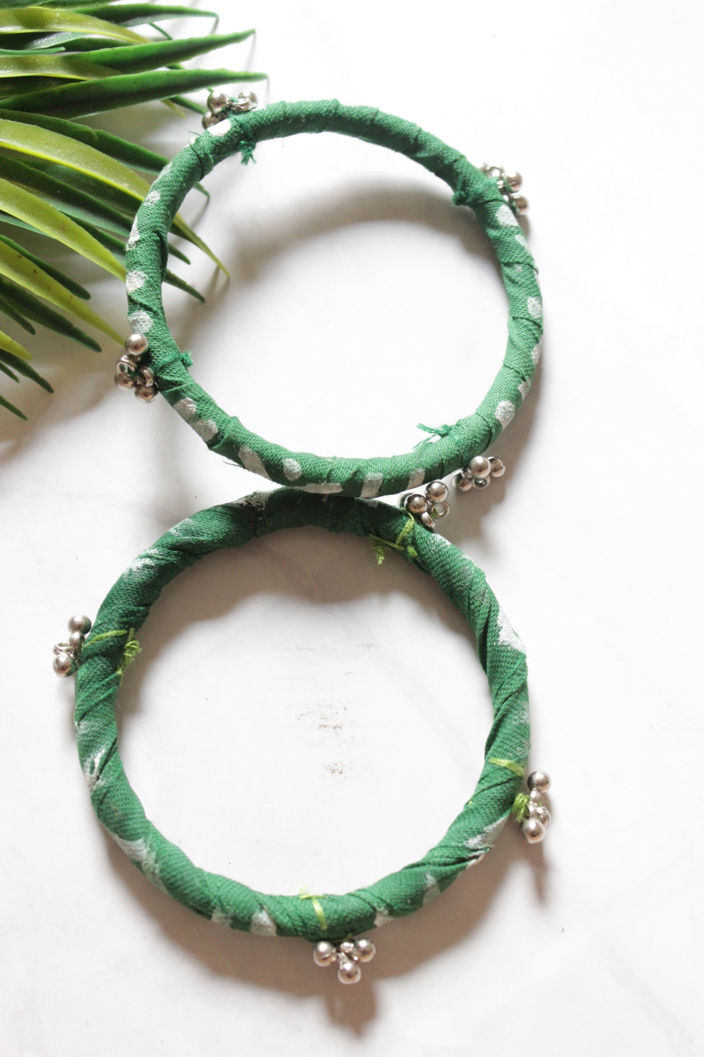 Set of 2 Green Fabric and Ghungroo Handmade Bangles
